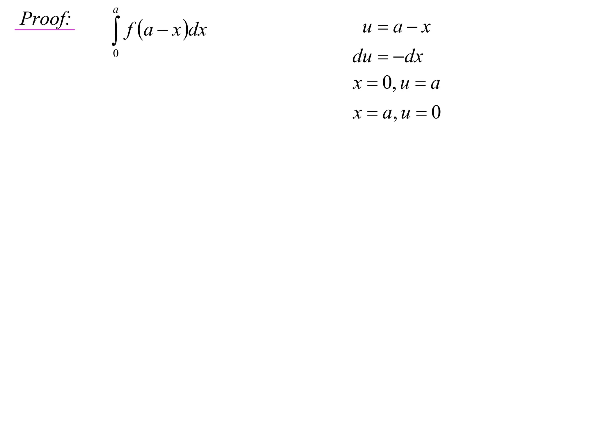 a

          f a  x dx
Proof:                     u ax
         0                du  dx
                          x  0, u  a
                          x  a, u  0
 