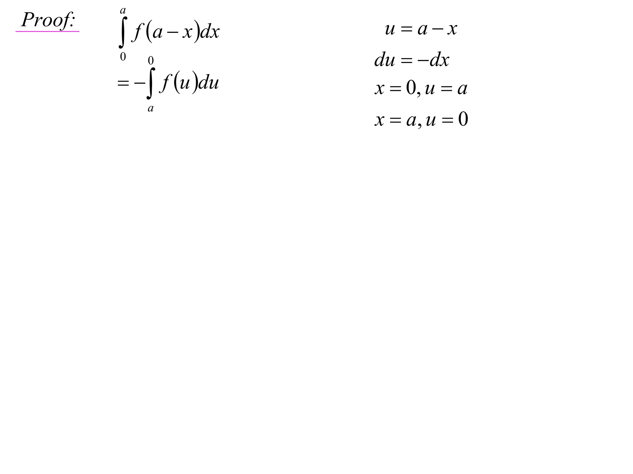 a

          f a  x dx
Proof:                     u ax
         0   0            du  dx
            f u du   x  0, u  a
             a
                          x  a, u  0
 