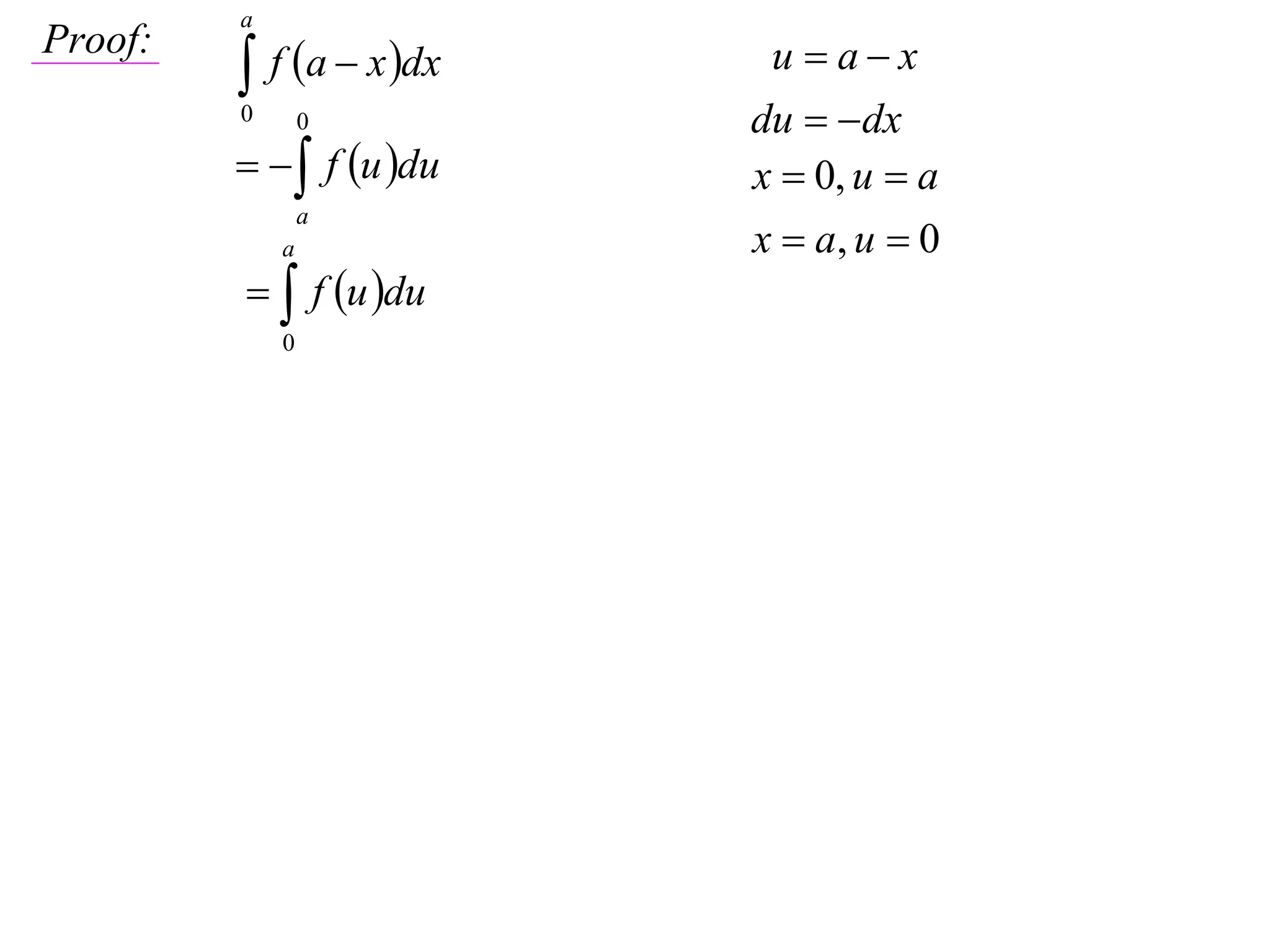 a

          f a  x dx
Proof:                     u ax
         0       0        du  dx
            f u du   x  0, u  a
                 a
             a            x  a, u  0
           f u du
             0
 