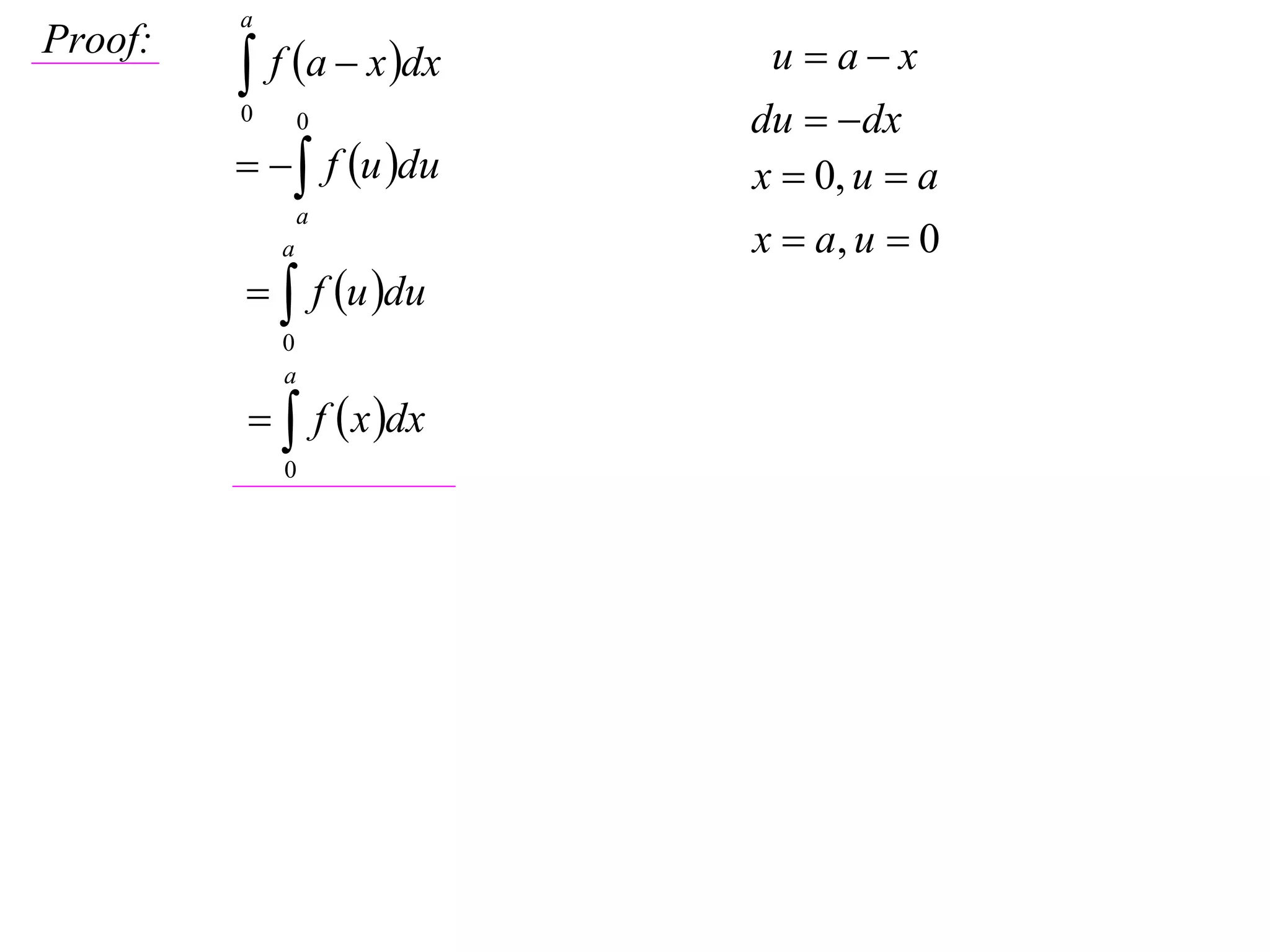 a

          f a  x dx
Proof:                     u ax
         0       0        du  dx
            f u du   x  0, u  a
                 a
             a            x  a, u  0
           f u du
             0
             a
           f  x dx
             0
 