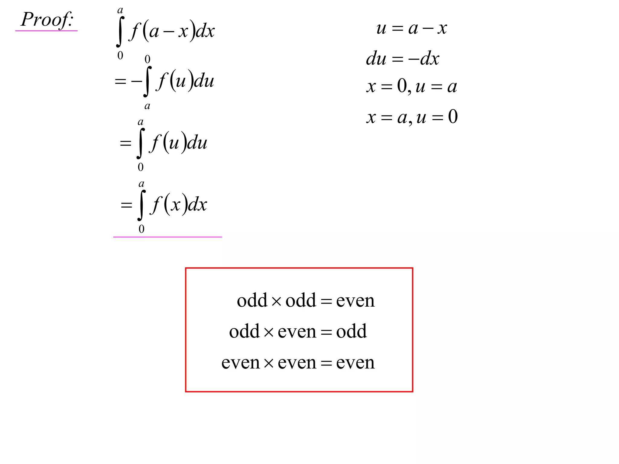 a

          f a  x dx
Proof:                                     u ax
         0       0                        du  dx
            f u du                   x  0, u  a
                 a
             a                            x  a, u  0
           f u du
             0
             a
           f  x dx
             0




                            odd  odd  even
                           odd  even  odd
                          even  even  even
 