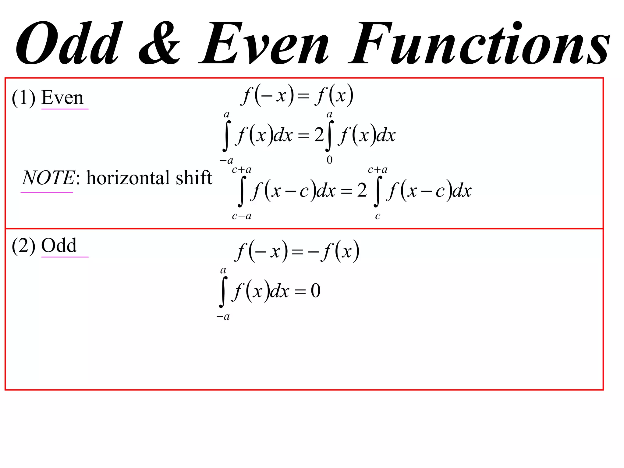 Odd & Even Functions
(1) Even                        f  x   f  x 
                           a                 a

                           f  x dx  2 f  x dx
                          a                 0
                            ca                       ca
 NOTE: horizontal shift
                                f  x  c dx  2  f  x  c dx
                               ca                     c

(2) Odd                        f  x    f  x 
                          a

                           f  x dx  0
                          a
 
