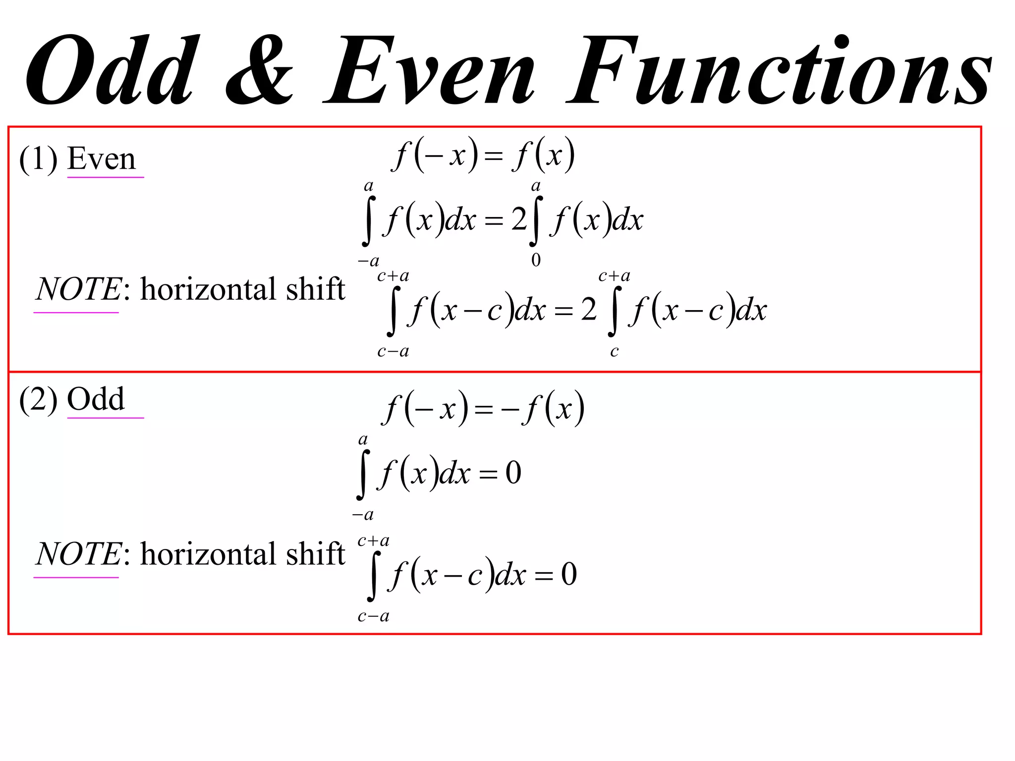 Odd & Even Functions
(1) Even                        f  x   f  x 
                          a                  a

                           f  x dx  2 f  x dx
                          a                 0
                            ca                      ca
 NOTE: horizontal shift
                               f  x  c dx  2  f  x  c dx
                              ca                     c

(2) Odd                       f  x    f  x 
                          a

                           f  x dx  0
                          a
                          ca
 NOTE: horizontal shift
                            f  x  c dx  0
                          ca
 