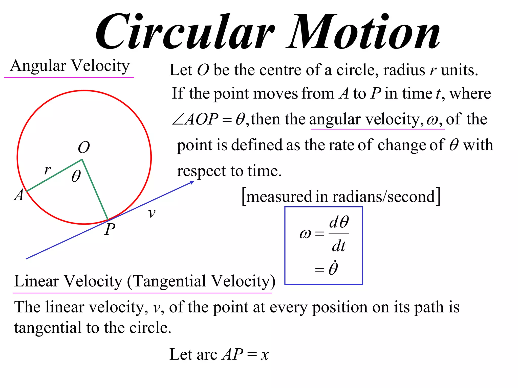Circular Motion
Angular Velocity        Let O be the centre of a circle, radius r units.
                         If the point moves from A to P in time t , where
                         AOP   , then the angular velocity,  , of the
         O                point is defined as the rate of change of  with
    r                    respect to time.
A                                   measured in radians/second
                     v
                                                  d
              P                              
                                                   dt
                                                 
Linear Velocity (Tangential Velocity)
The linear velocity, v, of the point at every position on its path is
tangential to the circle.
                       Let arc AP = x
 