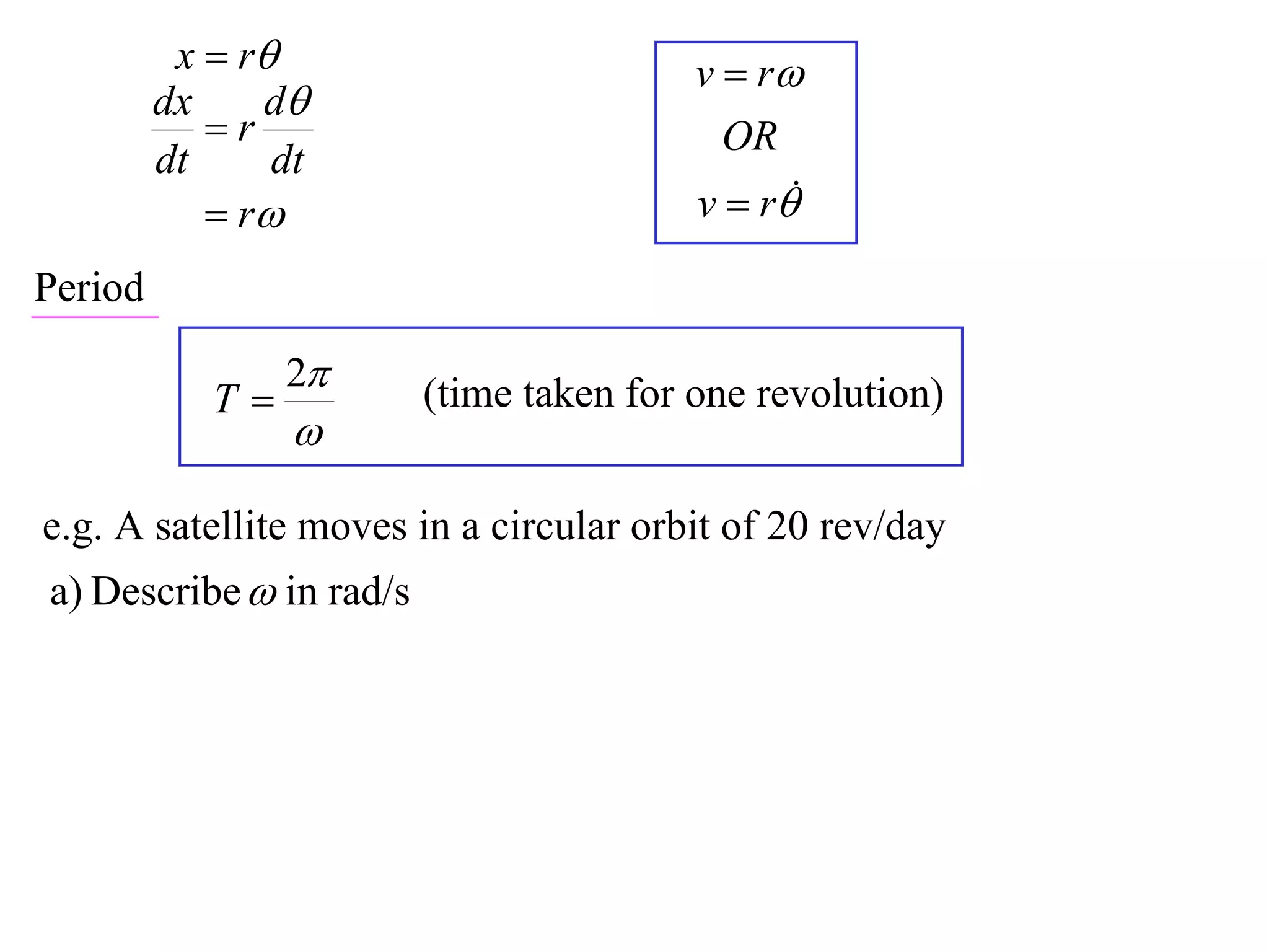 x  r                         v  r
         dx    d
            r                             OR
         dt     dt
             r                         v  r

Period

                 2
            T           (time taken for one revolution)
                 

e.g. A satellite moves in a circular orbit of 20 rev/day
a) Describe  in rad/s
 