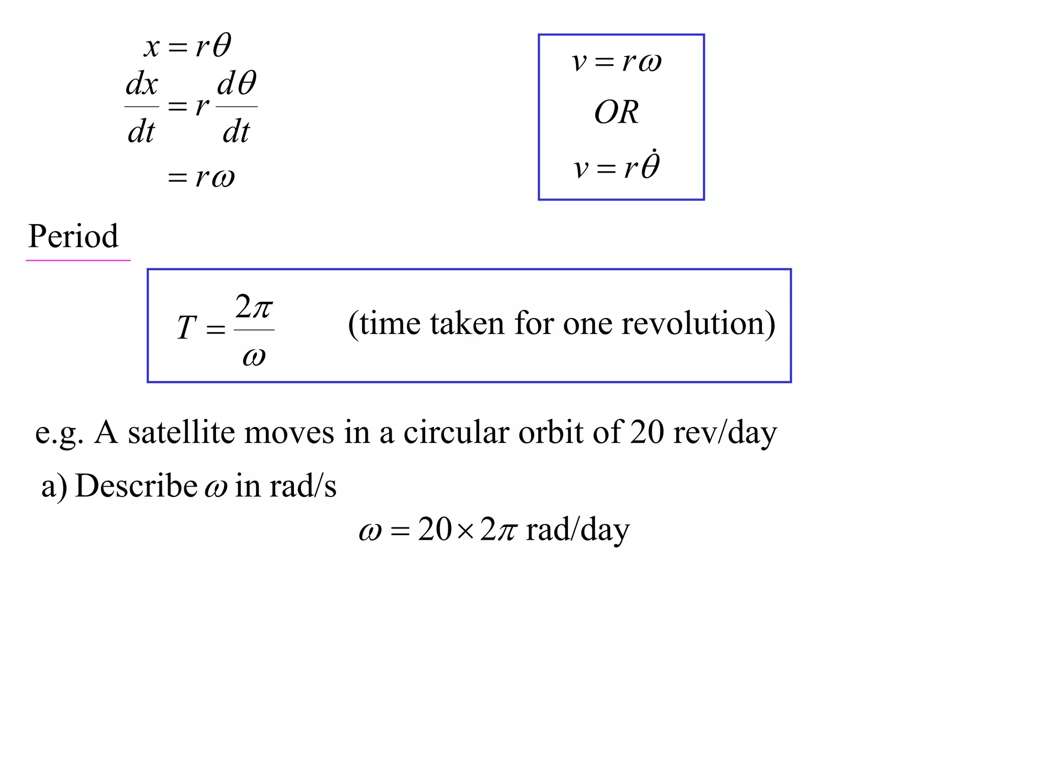 x  r                         v  r
         dx    d
            r                             OR
         dt     dt
             r                         v  r

Period

                 2
            T           (time taken for one revolution)
                 

e.g. A satellite moves in a circular orbit of 20 rev/day
a) Describe  in rad/s
                           20  2 rad/day
 
