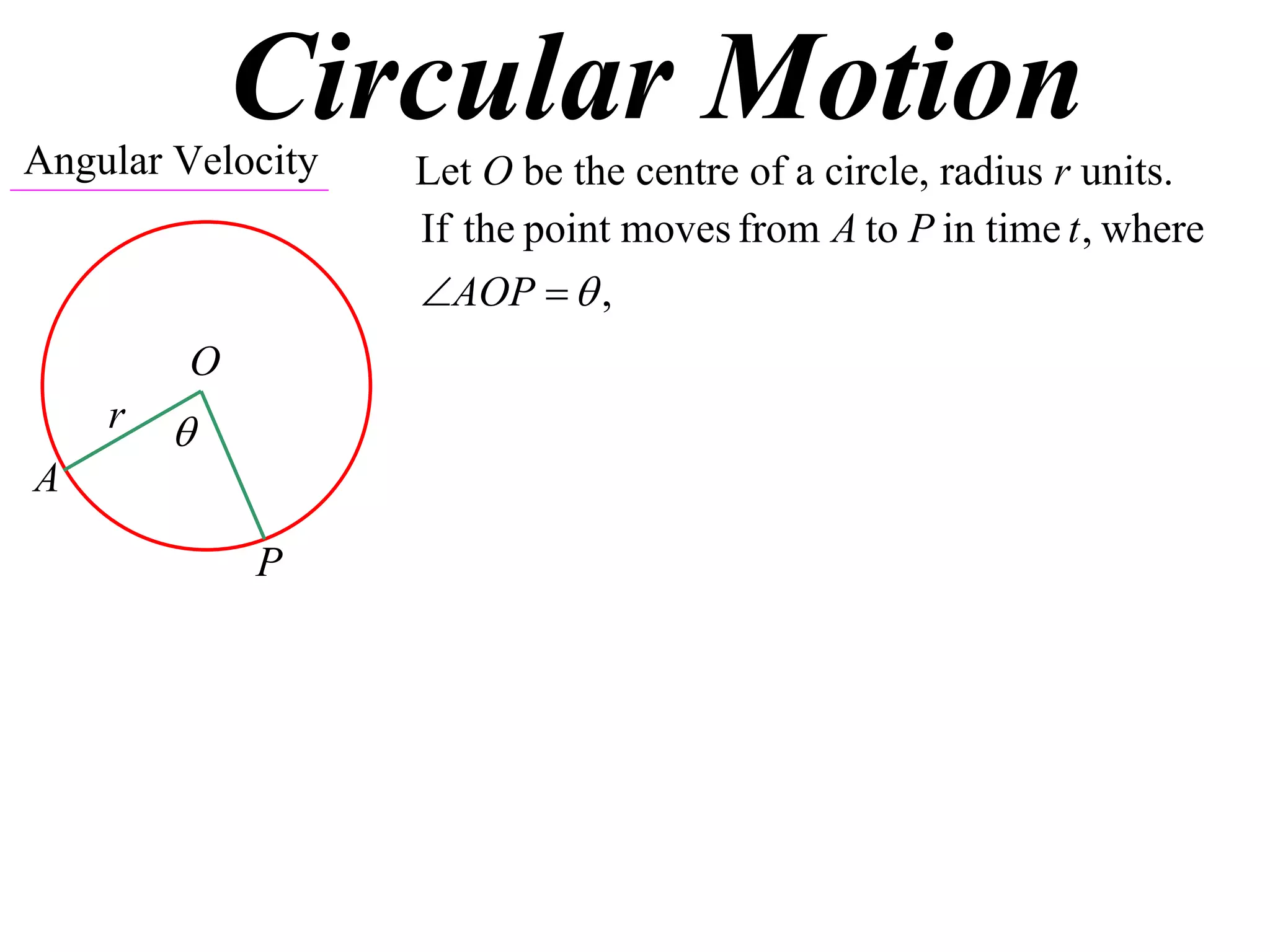 Circular Motion
Angular Velocity   Let O be the centre of a circle, radius r units.
                   If the point moves from A to P in time t , where
                   AOP   ,
         O
    r   
A

             P
 