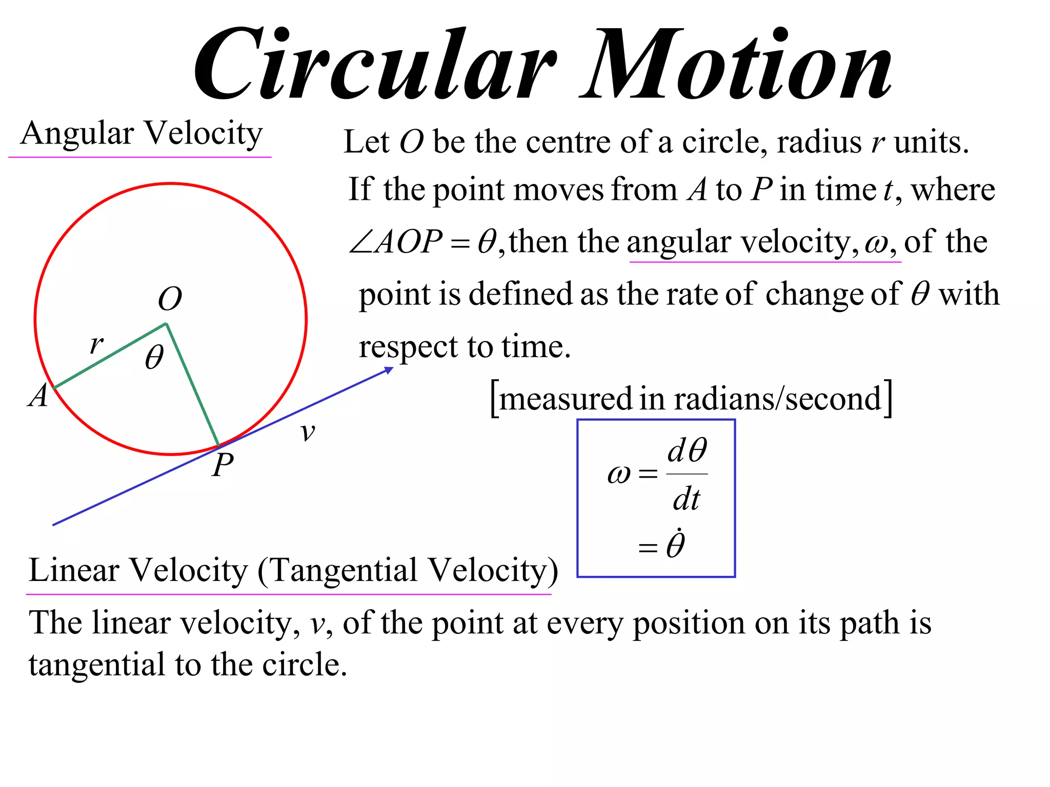 Circular Motion
Angular Velocity        Let O be the centre of a circle, radius r units.
                         If the point moves from A to P in time t , where
                         AOP   , then the angular velocity,  , of the
         O                point is defined as the rate of change of  with
    r                    respect to time.
A                                   measured in radians/second
                     v
                                                  d
              P                              
                                                   dt
                                                 
Linear Velocity (Tangential Velocity)
The linear velocity, v, of the point at every position on its path is
tangential to the circle.
 