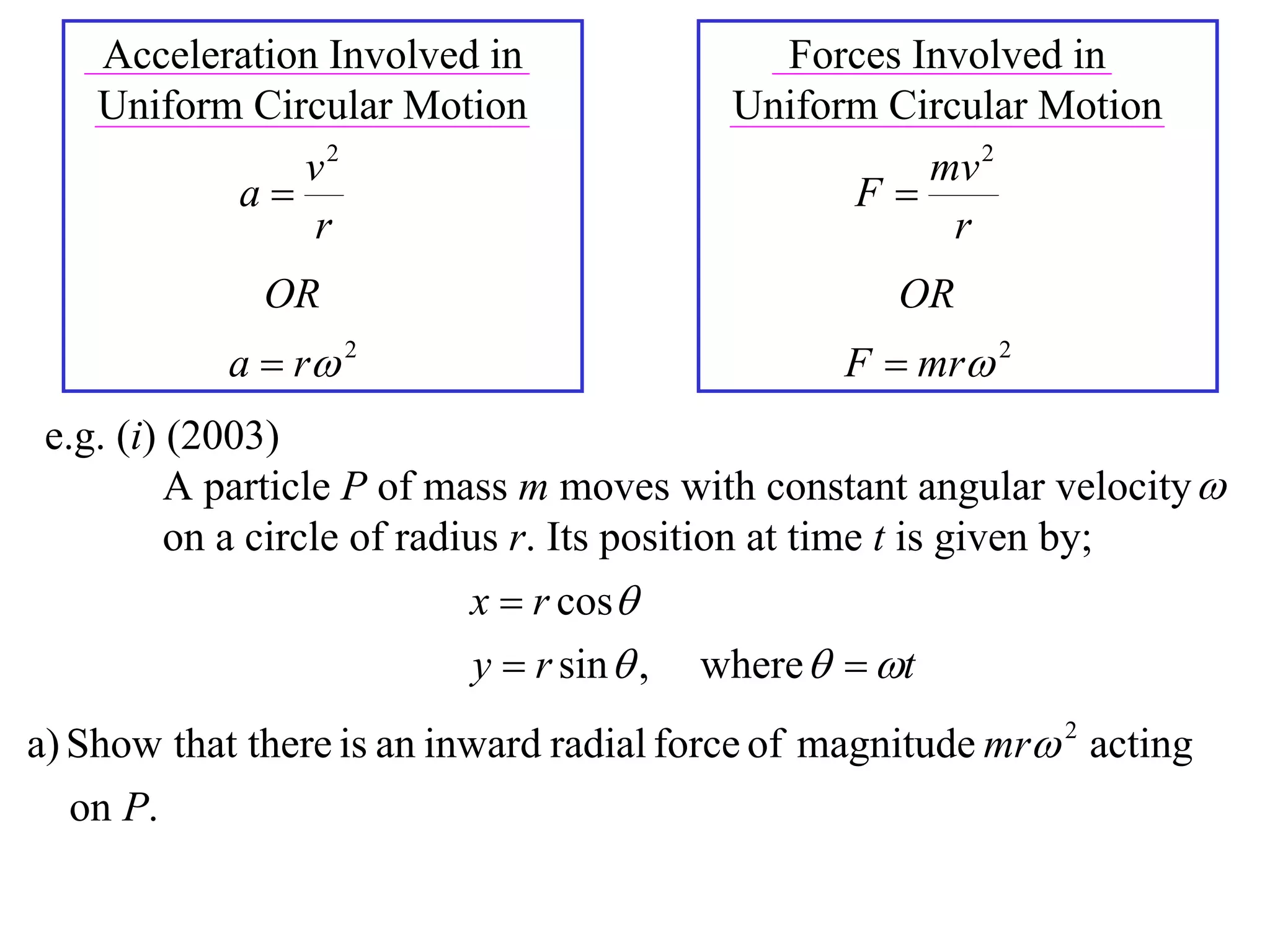 Acceleration Involved in                 Forces Involved in
    Uniform Circular Motion                Uniform Circular Motion
               v2                                    mv 2
           a                                    F
                r                                      r
              OR                                     OR
            a  r 2                              F  mr 2
 e.g. (i) (2003)
          A particle P of mass m moves with constant angular velocity 
          on a circle of radius r. Its position at time t is given by;
                          x  r cos
                          y  r sin  ,   where   t
a) Show that there is an inward radial force of magnitude mr 2 acting
   on P.
 