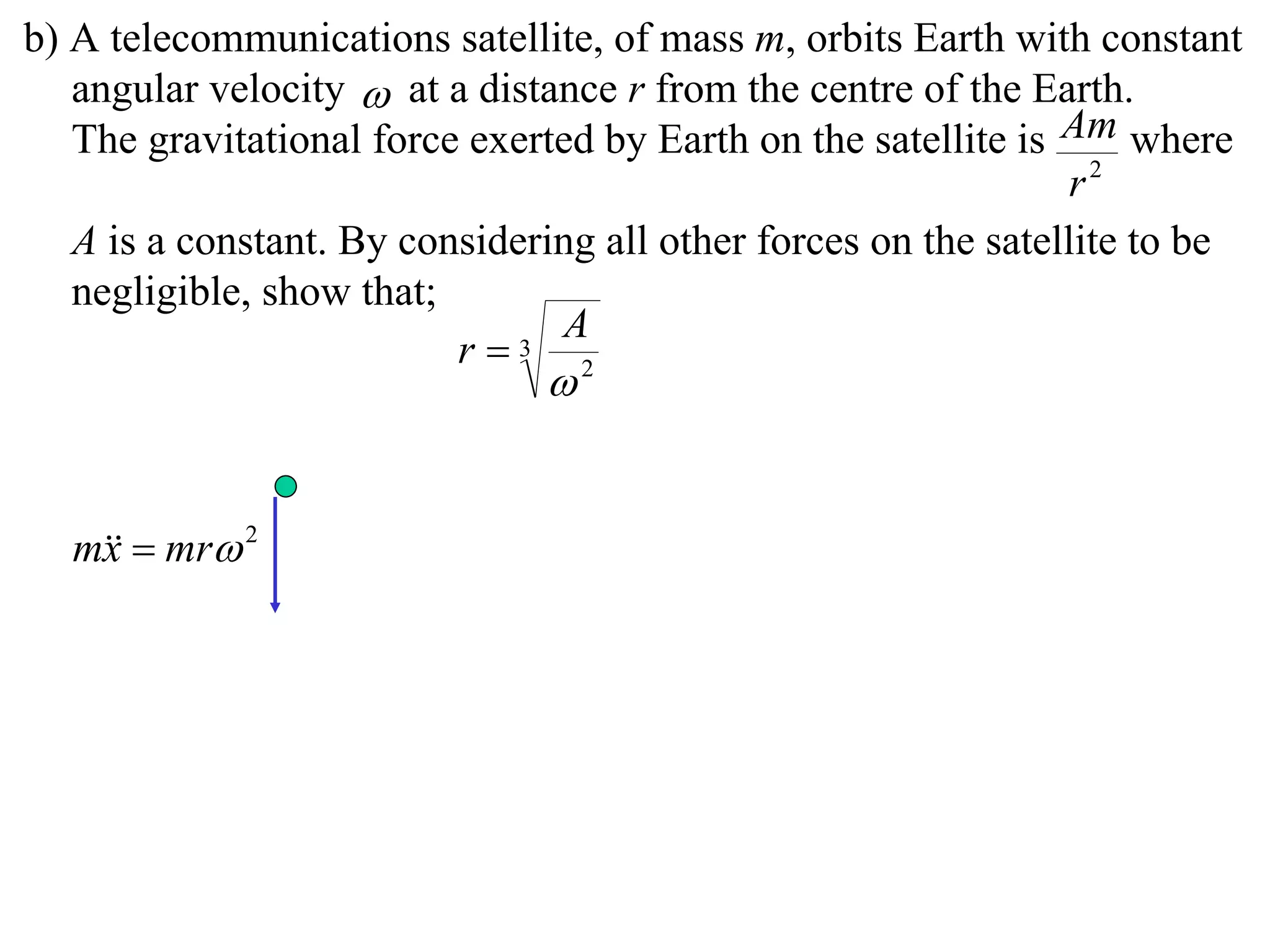 b) A telecommunications satellite, of mass m, orbits Earth with constant
   angular velocity  at a distance r from the centre of the Earth.
   The gravitational force exerted by Earth on the satellite is Am where
                                                                 r2
   A is a constant. By considering all other forces on the satellite to be
   negligible, show that;
                                A
                          r  3
                                2




  m  mr 2
   x
 
