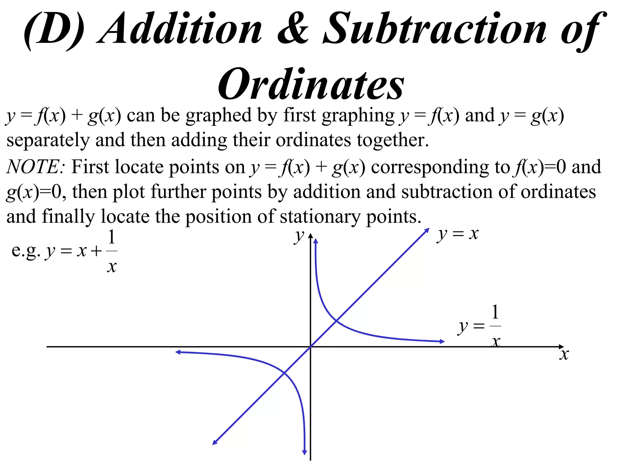 (D) Addition & Subtraction of
                          Ordinatesy = f(x) and y = g(x)
y = f(x) + g(x) can be graphed by first graphing
separately and then adding their ordinates together.
NOTE: First locate points on y = f(x) + g(x) corresponding to f(x)=0 and
g(x)=0, then plot further points by addition and subtraction of ordinates
and finally locate the position of stationary points.
              1                      y                yx
 e.g. y  x 
              x

                                                            1
                                                       y
                                                            x
                                                                   x
 