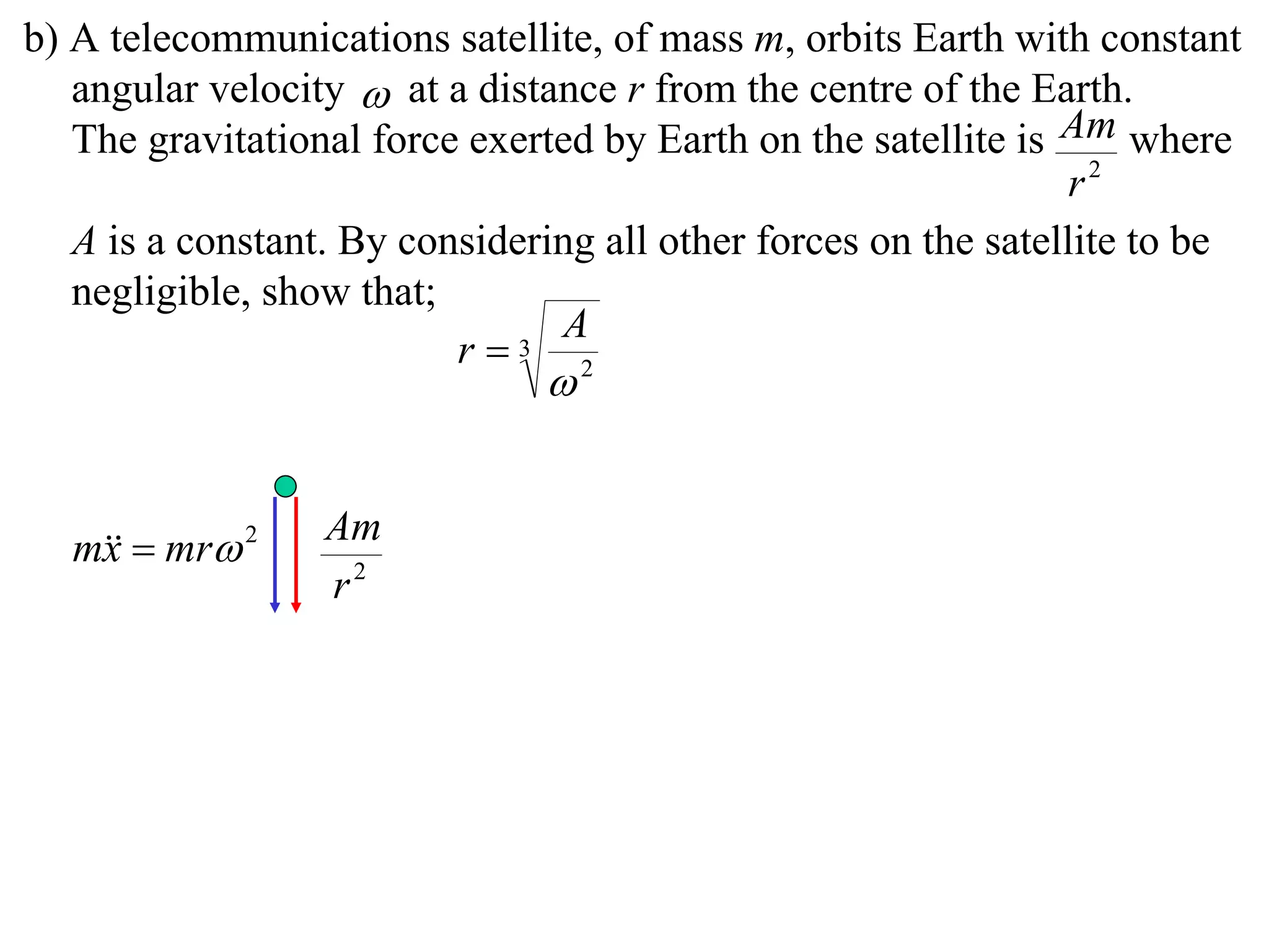 b) A telecommunications satellite, of mass m, orbits Earth with constant
   angular velocity  at a distance r from the centre of the Earth.
   The gravitational force exerted by Earth on the satellite is Am where
                                                                 r2
   A is a constant. By considering all other forces on the satellite to be
   negligible, show that;
                                A
                          r  3
                                2




                  Am
  m  mr 2
   x
                  r2
 