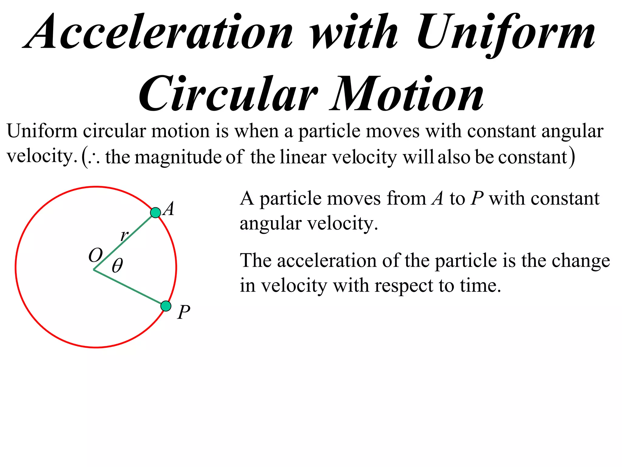Acceleration with Uniform
       Circular Motion
Uniform circular motion is when a particle moves with constant angular
velocity.  the magnitude of the linear velocity will also be constant 

                            A particle moves from A to P with constant
                   A
                            angular velocity.
             r
         O
                           The acceleration of the particle is the change
                            in velocity with respect to time.
                       P
 