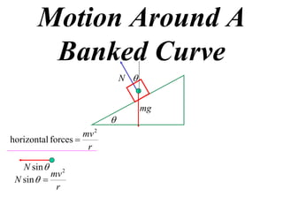 Motion Around A
        Banked Curve
                               N 


                                     mg
                           
                    mv 2
horizontal forces 
                     r

   N sin  2
           mv
 N sin  
            r
 
