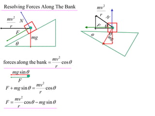 Resolving Forces Along The Bank         mv 2
                                         r N
 mv 2 N
  r                                     F   
     F                                         
                                                mg
             mg
     

                        mv 2
forces along the bank       cos
                         r
    mg sin 
      F
                mv 2
 F  mg sin        cos
                 r
     mv 2
 F       cos  mg sin 
      r
 