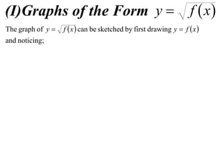 (I)Graphs of the Form y                                           f  x
The graph of y    f  x  can be sketched by first drawing y  f  x 
and noticing;
 
