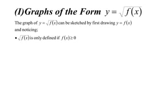 (I)Graphs of the Form y                                               f  x
The graph of y        f  x  can be sketched by first drawing y  f  x 
and noticing;
   f  x  is only defined if f  x   0
 