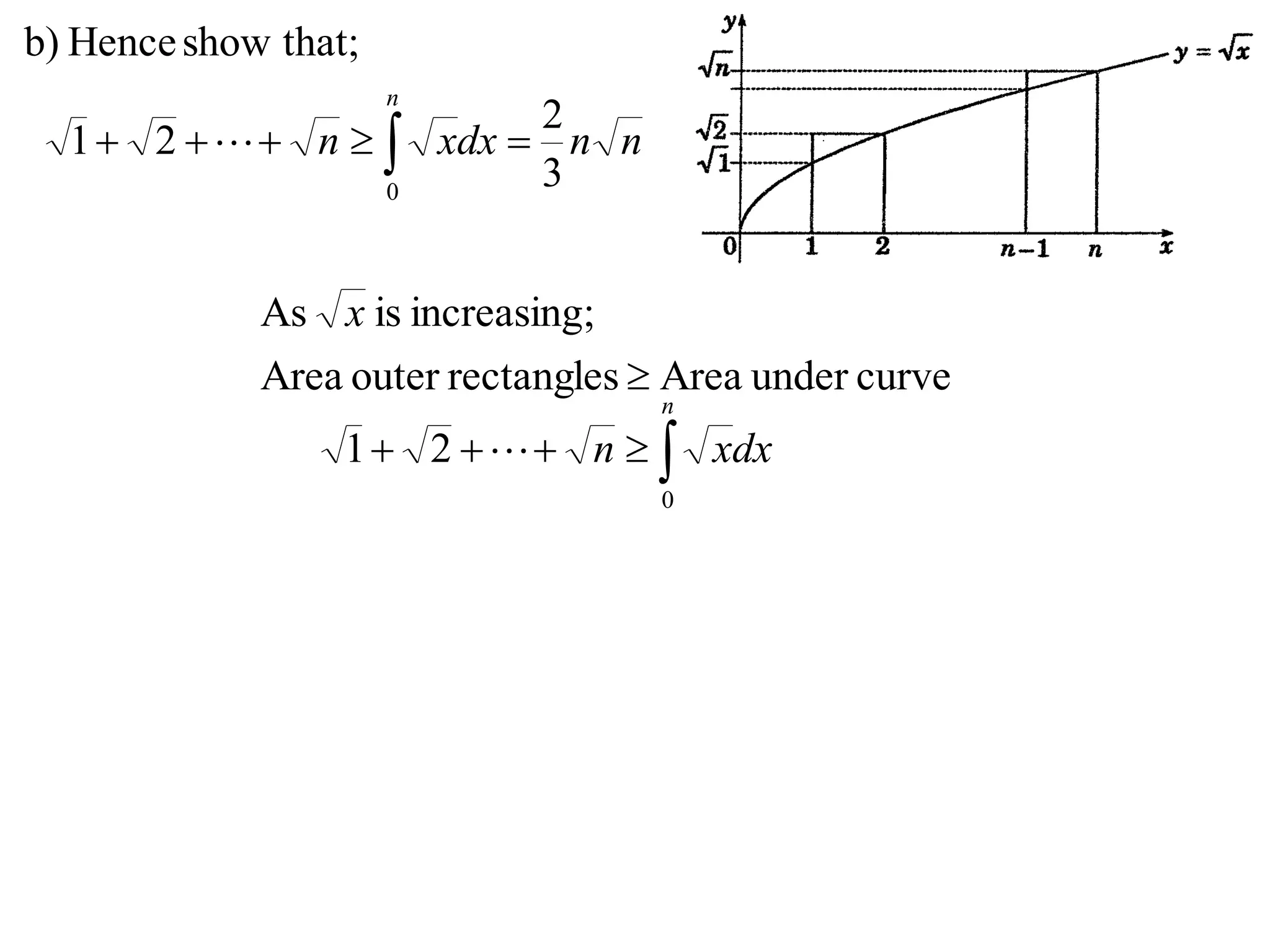  
n
nndxxn
0
3
2
21
that;showHenceb)

curveunderArearectanglesouterArea
;increasingisAs

x

n
dxxn
0
21 
 