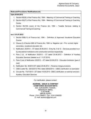 Agarwal Sanjiv & Company,
Chartered Accountants, Jaipur
16
Relevant Provisions / Notifications etc.
Upto 30.06.2012
1. Section 65(26) of the Finance Act, 1994 – Meaning of Commercial Training or Coaching
2. Section 65(27) of the Finance Act, 1994 – Meaning of Commercial Training or Coaching
Centre
3. Section 65(105) (zzzc) of the Finance Act, 1994 – Taxable Services relating to
Commercial Training & Coaching
w.e.f. 01.07.2012
1. Section 65B(11) of Finance Act, 1994 - Definition of Approved Vocational Education
Course
2. Clause (l) of Section 66D of Finance Act, 1994 i.e. Negative List – Pre –school, higher
secondary, vocational education etc.
3. Notification 25/2012 – ST dated 20.06.2012 - Entry No. 9 & 12 – Services provided to or
by educational institutions and construction services respectively
4. Para 2 (f) of Notification 25/2012 – ST dated 20.06.2012 – Definition of Auxiliary
Education Services (deleted w.e.f 11.07.2014)
5. Para 2 (oa) of Notification 25/2012 – ST dated 20.06.2012 - Education Institution [para 2
(oa)]
6. Notification No. 30/2012-ST dated 20.06.2012 – Reverse charge provisions
7. CBEC Letter No. 334/3/2013-TRU dated 28/02/2013 – CBEC clarification on exemption
8. Circular No. 172/7/2013 –ST dated 19.09.2013- CBEC clarification on exempt services –
Auxiliary Education Services
For clarification, please contact:
AGARWAL SANJIV & COMPANY
CHARTERED ACCOUNTANTS
503, GURUKRIPA TOWER,
MAHAVEER MARG,
C-SCHEME,
JAIPUR-302001
Phone : 0141-2368071, Fax : 0141-2369250
E- mail :asandco@gmail.com
 
