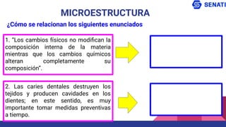 1. “Los cambios físicos no modiﬁcan la
composición interna de la materia
mientras que los cambios químicos
alteran completamente su
composición”.
MICROESTRUCTURA
¿Cómo se relacionan los siguientes enunciados
2. Las caries dentales destruyen los
tejidos y producen cavidades en los
dientes; en este sentido, es muy
importante tomar medidas preventivas
a tiempo.
 
