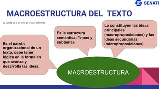 MACROESTRUCTURA DEL TEXTO
MACROESTRUCTURA
Es el patrón
organizacional de un
texto, debe tener
lógica en la forma en
que avanza y
desarrolla las ideas.
Es la estructura
semántica: Temas y
subtemas
La constituyen las ideas
principales
(macroproposiciones) y las
ideas secundarias
(microproposiciones).
da cuenta de si un texto es o no es coherente
 