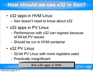 How should we use x32 in Xen?

      • x32 apps in HVM Linux
            - Xen doesn’t need to know about x32
      • x32 apps in PV Linux
            - Performance with x32 can regress because
              of 64-bit PV issues
            - Should be run in HVM container
      • x32 PV Linux
            - 32-bit PV Linux with more registers used
            - Practically insignificant
                           Run x32 apps in HVM
                                    14

Wednesday, August 29, 12                                 14
 