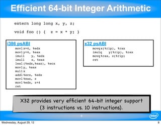 Efficient 64-bit Integer Arithmetic
         extern long long x, y, z;

         void foo () {      z = x * y; }


    i386 psABI                                 x32 psABI
     !    movl!
              x+4, %edx                        !   movq!
                                                       x(%rip), %rax
    !     movl!
              y+4, %eax                        !   imulq!  y(%rip), %rax
    !     imull!  y, %edx                      !   movq!
                                                       %rax, z(%rip)
    !     imull!  x, %eax                      !   ret
    !     leal!
              (%edx,%eax), %ecx
    !     movl! %eax
              y,
    !     mull!
              x
    !     addl!
              %ecx, %edx
    !     movl!
              %eax, z
    !     movl!
              %edx, z+4
    !     ret



             X32 provides very efﬁcient 64-bit integer support
                    (3 instructions vs. 10 instructions).
                                           8

Wednesday, August 29, 12                                                   8
 