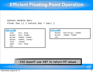 Efficient Floating Point Operation


        extern double bar;
        float foo () { return bar * bar; }


     i386 psABI                               x32 psABI
           subl       $12, %esp                  movsd    bar(%rip), %xmm0
           movsd      bar, %xmm0                 mulsd    %xmm0, %xmm0
           mulsd      %xmm0, %xmm0               ret
           movsd      %xmm0, (%esp)
           fldl       (%esp)
           addl       $12, %esp
           ret




                       X32 doesn’t use X87 to return FP values
                                          9

Wednesday, August 29, 12                                                     9
 