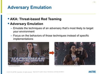 | 12 |
© 2018 The MITRE Corporation. All rights reserved.
Adversary Emulation
 AKA: Threat-based Red Teaming
 Adversary Emulation
– Emulate the techniques of an adversary that’s most likely to target
your environment
– Focus on the behaviors of those techniques instead of specific
implementations
Approved for public release. Distribution unlimited 18-0944-5
https://giphy.com/explore/hackerman https://tenor.com/view/hackerman-transformation-kung-fury-kung-fury-gif-7263543
 
