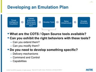 | 17 |
© 2018 The MITRE Corporation. All rights reserved.
Developing an Emulation Plan
Threat
Intelligence
Acquisition
Extract
Actionable
Techniques
and Analyze
M.O.
Develop Tools
Setup
Infrastructure
Emulate
Adversary
 What are the COTS / Open Source tools available?
 Can you exhibit the right behaviors with these tools?
– Can you extend them?
– Can you modify them?
 Do you need to develop something specific?
– Delivery mechanisms
– Command and Control
– Capabilities
Approved for public release. Distribution unlimited 18-0944-5
 