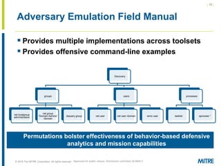 | 18 |
© 2018 The MITRE Corporation. All rights reserved.
Adversary Emulation Field Manual
Discovery
groups
net localgroup
administrators
net group
"Domain Admins"
/domain
dsquery group
users
net user net user /domain wmic user
processes
tasklist qprocess *
Permutations bolster effectiveness of behavior-based defensive
analytics and mission capabilities
 Provides multiple implementations across toolsets
 Provides offensive command-line examples
Approved for public release. Distribution unlimited 18-0944-5
 