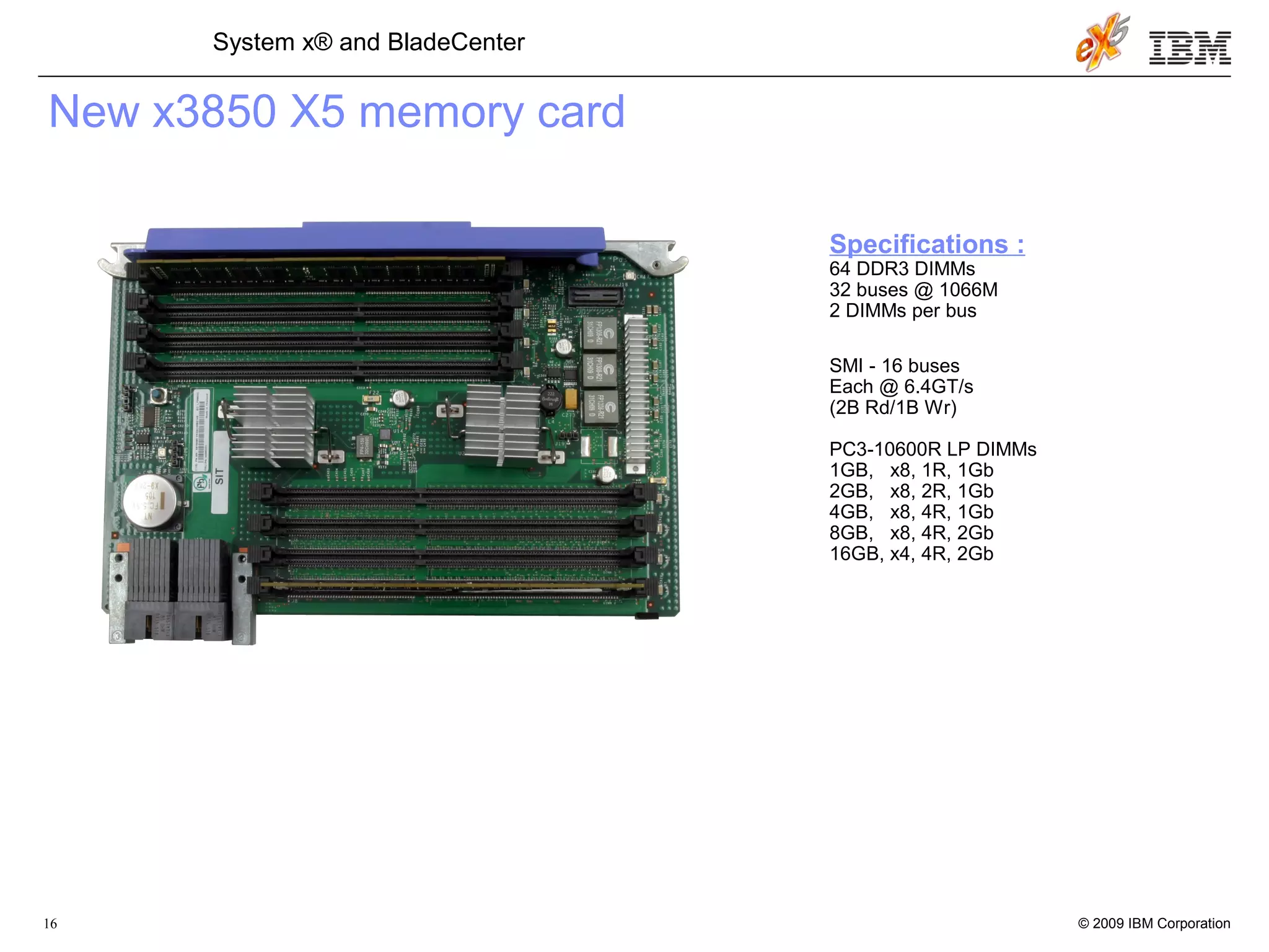 © 2009 IBM Corporation16
System x® and BladeCenter
New x3850 X5 memory card
Specifications :
64 DDR3 DIMMs
32 buses @ 1066M
2 DIMMs per bus
SMI - 16 buses
Each @ 6.4GT/s
(2B Rd/1B Wr)
PC3-10600R LP DIMMs
1GB, x8, 1R, 1Gb
2GB, x8, 2R, 1Gb
4GB, x8, 4R, 1Gb
8GB, x8, 4R, 2Gb
16GB, x4, 4R, 2Gb
 