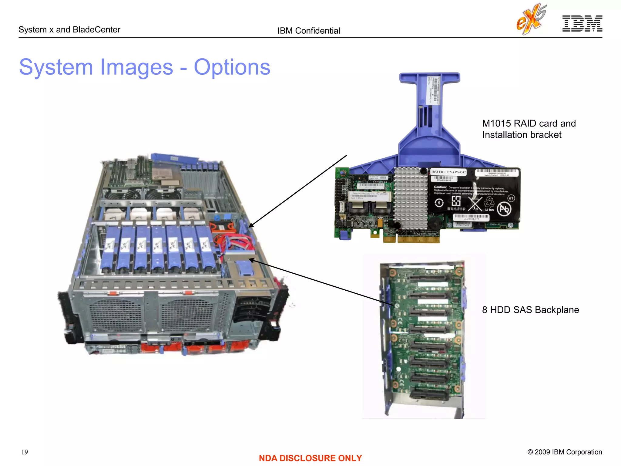 © 2009 IBM Corporation
System x and BladeCenter
19
IBM Confidential
NDA DISCLOSURE ONLY
System Images - Options
M1015 RAID card and
Installation bracket
8 HDD SAS Backplane
 