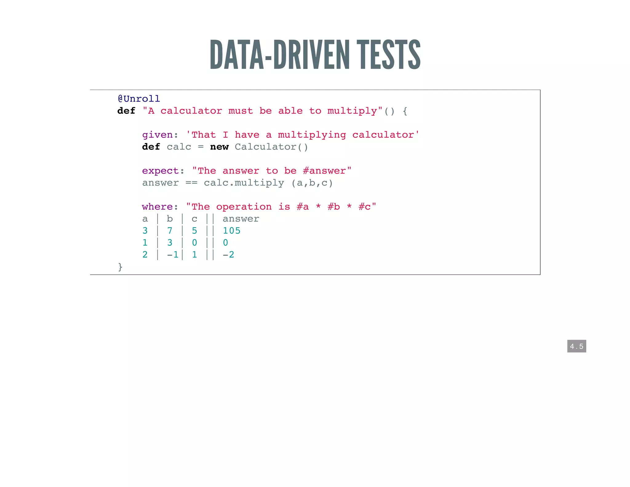4 . 5
DATA-DRIVEN TESTS
@Unroll
def "A calculator must be able to multiply"() {
given: 'That I have a multiplying calculator'
def calc = new Calculator()
expect: "The answer to be #answer"
answer == calc.multiply (a,b,c)
where: "The operation is #a * #b * #c"
a | b | c || answer
3 | 7 | 5 || 105
1 | 3 | 0 || 0
2 | -1| 1 || -2
}
 