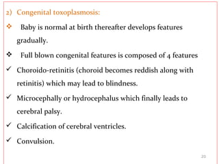 2) Congenital toxoplasmosis:
 Baby is normal at birth thereafter develops features
gradually.
 Full blown congenital features is composed of 4 features
 Choroido-retinitis (choroid becomes reddish along with
retinitis) which may lead to blindness.
 Microcephally or hydrocephalus which finally leads to
cerebral palsy.
 Calcification of cerebral ventricles.
 Convulsion.
20
 