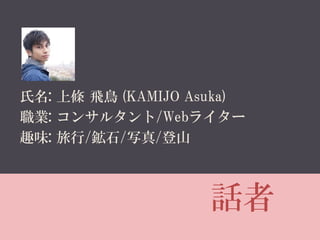 話者
氏名: 上條 飛鳥 (KAMIJO Asuka)
職業: コンサルタント/Webライター
趣味: 旅行/鉱石/写真/登山
 