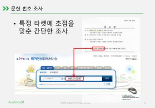 ©2015 AcademyX. All right reserved. 5
• 특정 타켓에 초점을
맞춘 간단한 조사
101216037
 