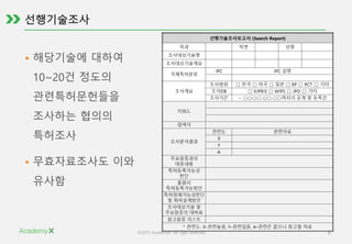 ©2015 AcademyX. All right reserved. 6
• 해당기술에 대하여
10~20건 정도의
관련특허문헌들을
조사하는 협의의
특허조사
• 무효자료조사도 이와
유사함
 