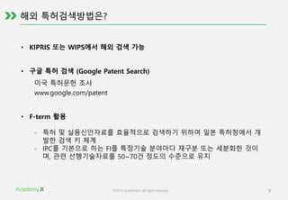 ©2015 AcademyX. All right reserved. 9
• KIPRIS 또는 WIPS에서 해외 검색 가능
• 구글 특허 검색 (Google Patent Search)
미국 특허문헌 조사
www.google.com/patent
• F-term 활용
- 특허 및 실용신안자료를 효율적으로 검색하기 위하여 일본 특허청에서 개
발한 검색 키 체계
- IPC를 기본으로 하는 FI를 특정기술 분야마다 재구분 또는 세분화한 것이
며, 관련 선행기술자료를 50~70건 정도의 수준으로 유지
 
