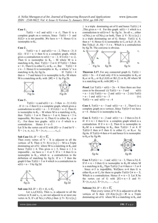 A. Nellai Murugan et al Int. Journal of Engineering Research and Applications
ISSN : 2248-9622, Vol. 4, Issue 1( Version 2), January 2014, pp.188-192
Case 1 .
Tγ(G) = n-2 and κ(G) = n -1, Then G is a
complete graph on n vertices, Since Tγ(G) = 3 and
𝛿(𝐺)= n is not possible ,We have n = 5. Hence G is
isomorphic to K5.
Case 2 .
Tγ(G) = n- 1 and κ(G) = n – 2, Then n - 2≤ δ
(G) : If δ = n -1 then G is a complete graph, which
gives a contradiction to κ(G) = n – 2. If δ (G) = n -2,
Then G is isomorphic to Kn – M where M is a
matching in Kn then Tγ(G) = 3 or 4. If Tγ(G) = 3 then
n = 4 , Then G is either C4 or K4 –e , But
Tγ(G) = 4
≠ n – 1. Hence G is isomorphic to K4 –e where ‘e’ is a
matching in K4 by fig:2a.
If Tγ(G) = 4
then n = 5 and hence G is isomorphic to K5- M where
M is a matching on K5 with 𝑀 = 1 by Fig:2b.

Fig:2a

Fig:2b

Case 3 .
Tγ(G) = n and κ(G) = n – 3 then n - 3≤ δ (G)
. If δ = n -1 then G is a complete graph, which gives a
contradiction to κ(G) = n – 3. If δ (G) = n -2, Then G
is isomorphic to Kn – M where M is a matching in Kn
then Tγ(G) = 3 or 4. Then n = 3 or 4, Since n = 3 is
impossible, We have n= 4, Then G is either K4 –e or
C4 . For these two graphs κ(G) ≠ n -3 which is a
contradiction. Hence δ = n -3.
Let X be the vertex cut of G with 𝑋 = n -3 and let V –
X = { x1 ,x2 ,x3}, X = {v1,v2,............vn-3}.
Sub Case 3.1. 𝑉 − 𝑋 = 𝐾3
Then every vertex of V – X is adjacent to all the
vertices of X. Then {( V- X) ∪ {𝑣1 } } – M is a Triple
dominating set of G where M is a matching in Kn and
hence Tγ(G) ≤ 4, This gives n ≤ 5, Since n ≤ 3 is
impossible , we have n = 4 or 5. If n = 4 then G is
isomorphic to K1,3 which is a contradiction to the
definition of matching by fig:2c. If n = 5 then the
graph G has Tγ(G) = 3 or 4 which is a contradiction to
κ(G) = n – 3 by fig:2d.

fig:2c

fig:2d

Sub case 3.2. 𝑉 − 𝑋 = 𝐾1 ∪ 𝐾2
Let x1x2ЄE(G), Then x3 is adjacent to all the
vertices in X and x1, x2 are not adjacent to at most one
vertex in X, If v1∉ N(x1) ∪N(x2) then {( V- X) ∪ {𝑣1 }
www.ijera.com

www.ijera.com

} is a triple dominating set of G and hence Tγ(G) ≤ 4
,This gives n = 4. For this graph κ(G) = 1 which is a
contradiction to κ(G)=n-3 by fig:3a . So all vi , either
viЄN(x1) or viЄN(x2) or both, Then {( V- X) ∪ {𝑣 𝑖 } }
is a triple dominating set of G. Hence Tγ(G) ≤ 4,
then n = 4. Hence G is isomorphic to C4 or k3(1 ,0`, 0).
But Tγ[k3(1 ,0`, 0)] = 3 ≠ n . Which is a contradiction
by fig 3b. The converse is obvious.

Fig 3a

fig:3b

fig:3c

Theorem 2.17. For any connected graph G, Tγ(G) +
κ(G) = 2n – 4 if and only if G is isomorphic to K6 or
K4-e or K1,4 or K3(1,0,0) or B(1,2) or K5-M where M
is a matching on K5 with 𝑀 = 1.
Proof. Let Tγ(G) + κ(G) = 2n – 4. Here there are four
cases to be discussed (i) Tγ(G) = n – 3 and
κ(G)
= n – 1 (ii) Tγ(G) = n – 2 and κ(G) = n – 2 (iii) Tγ(G)
= n – 1 and κ(G) = n – 3
(iv)
Tγ(G) = n and κ(G) = n – 4
Case 1. Tγ(G) = n – 3 and κ(G) = n – 1 , Then G is a
complete graph on n vertices ,Since Tγ(G)=3 we have
n = 6 . Hence G is isomorphic to K6.
Case 2. Tγ(G) = n – 2 and κ(G) = n – 2 then n-2≤ 𝛿.
If 𝛿 = 𝑛 − 1 then G is a complete graph which is a
contradiction. If 𝛿 = 𝑛 − 2, Then G is isomorphic to
Kn-M is a matching in Kn, then Tγ(G)= 3 or 4. If
Tγ(G)=3 then n=5 then G is either C5 or K5-e by
fig:4a. If Tγ(G)=4 then n=6 and hence G is isomorphic
to K6-e by fig:4b.

fig:4a

fig:4b

Case 3.Tγ(G) = n – 1 and κ(G) = n – 3, Then n-3≤ 𝛿.
If 𝛿 = 𝑛 − 1 then G is isomorphic to Kn-M where M
is a matching in Kn, Then Tγ(G)=3 or 4 then n = 3 or 4
. Since n=3 is impossible, We have n=4 then G is
either K4-e or C4 for these to graphs Tγ(G)=2≠ 𝑛 − 3,
Which is a contradiction. Hence 𝛿 = 𝑛 − 3. Let X be
the vertex cut of G with 𝑋 = 𝑛 − 3 and VX={x1,x2,x3}, X={v1,v2,……,vn-3}
Subcase 3.1. 𝑉 − 𝑋 = 𝐾3
Then every vertex of V-X is adjacent to all the
vertices of X then {(V-X)∪ {𝑣1 }} − 𝑀 is a Triple
dominating set of G where M is a matching in Kn and
190 | P a g e

 