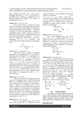 A. Nellai Murugan et al Int. Journal of Engineering Research and Applications
ISSN : 2248-9622, Vol. 4, Issue 1( Version 2), January 2014, pp.188-192
hence Tγ(G)≤4 this gives n≤5 , since n≤3 is
impossible, We have n = 4 or 5. If n=4 then G is
isomorphic to K1,3, Which is a contradiction .If n=5
then the graph G has Tγ(G)=3 or 4 which is a
contradiction to κ(G) = n – 3
Subcase 3.2. 𝑉 − 𝑋 = 𝐾1 ∪ 𝐾2
Let x1x2∈ 𝐸(𝐺) then x3 is adjacent to all the
vertices in X and x1,x2 are not adjacent to at most one
vertex in X. If v1∉N(x1) ∪N(x2) then {(V-X)∪ {𝑣1 }} is
a Triple dominating set of G and hence
Tγ(G)≤ 4,
This gives n=5 ,For this graph κ(G)=2 which is a
contradiction. So all vi, either vi 𝜖 N(x1) or vi 𝜖 N(x2) or
both Then{(V-X)∪ {𝑣1 }} is a Triple dominating set of
G by fig:3a. Hence Tγ(G)≤ 4 and then
n=4 or 5.
If n=4 is impossible , We have n =5, Then G is
isomorphic
to
C5
or
C3(P3,0,0).
But
κ[C3(P3,0,0)]=1≠n-3 by fig:4c. Hence G is isomorphic
to C5.

www.ijera.com

vertices in X and x2, x4 are not adjacent to at most two
vertices in X and hence
{x1.x5,
x2.v1, v2.x5, v1.v2, x3.v1} where v1∈N(x1) ∩X ,
v2∈N(x2) ∩X and v3∈N(x3) ∩X is a triple dominating
set of G and hence Tγ(G) ≤5 thus n=5 then G is
isomorphic to P5 or C4(1,0,0) or K3(1,1,0) or (K4e)(1,0,0,0), All these graph Tγ(G)≠n by fig:5a.
Which is a contradiction.

fig:5a
Subcase 4.3. 𝑉 − 𝑋 = 𝐾3 ∪ 𝐾1
Let x1 be the isolated vertex in 𝑉 − 𝑋 and
{𝑥2 , 𝑥3 , 𝑥4 }
be a complete graph, Then x1 is
adjacent to all the vertex in X and x2, x3 ,x4 are not
adjacent to at most two vertices in X and hence
{x2,x3,x4,x5,v1.x1} where v1 ,v2∈ X-N(𝑥2 ∪ 𝑥3 ) is a
Triple dominating set of G and hence n=5 by fig:5b.
All these graph Tγ(G)≠n.

fig:4c
Case 4. Tγ(G) = n and κ(G) = n – 4
Then n-4≤ 𝛿. If 𝛿= n-1 then G is a complete
graph which is a contradiction. If 𝛿= n-2 then G is
isomorphic to Kn-M where M is a matching in Kn.
Then Tγ(G)=3 or 4 then n= 3 or 4 which is a
contradiction to κ(G) = n – 4. Suppose 𝛿=n-3. Let X
be the vertex cut of G with 𝑋 = 𝑛 − 4 and let
X={v1,v2,……..,vn-4}, V-X = {x1,x2,x3,x4}. If 𝑉 − 𝑋
contains an isolated vertex then 𝛿 ≤ 𝑛 − 4. Which is a
contradiction. Hence 𝑉 − 𝑋 is isomorphic to K2∪K2.
Also every vertex of V-X is adjacent to all the vertices
of X . Let x1x2, x3x4∈E(G). Then {x1,x2,x3,v1} is a
triple dominating set of G. Then Tγ(G)≤4. Hence
n≤4, Which is a contradiction to κ(G) = n – 4 .
Thus 𝛿 𝐺 =n-4.
Subcase 4.1. 𝑉 − 𝑋 = 𝐾4
Then every vertex of V-X is adjacent to all the
vertices in X. Suppose E( 𝑋 ) = ∅. Then 𝑋 ≤4 and
hence G is isomorphic to Ks,4 where S=1,2,3,4. If
S≠ 1,2 then Tγ(G)=3 or 4 which is a contradiction to
Tγ(G)= n. Hence G is isomorphic to K3,4 or K4,4.
Suppose E( 𝑋 ) = ∅. If any one of the vertex in X
say vi is adjacent to all the vertices in X and hence
Tγ(G) ≤3which gives n≤3 which is a contradiction.
Hence every vertex in X is not adjacent to at least one
vertices in X then {v1,v2,v3,v4} is a triple dominating
set of G and hence Tγ(G) ≤4 then n≤4. Which is a
contradiction to κ(G) = n – 4.
Subcase 4.2. 𝑉 − 𝑋 = 𝑃3 ∪ 𝐾1
Let x1 be the isolated vertex in 𝑉 − 𝑋 and
(x1,x2,x3) be a path then x1 is adjacent to all the
www.ijera.com

fig.5b
Subcase 4.4. 𝑉 − 𝑋 = 𝐾2 ∪ 𝐾2
Let x1x2, x3x4∈E(G). Since 𝛿(G)=n-4 each xi is
non adjacent to at most one vertex in X then at most
one vertex say v1∈X such that 𝑁(𝑣1 ) ∩ (𝑉 − 𝑋) =1.
If all vi∈X such that 𝑁(𝑣 𝑖 ) ∩ (𝑉 − 𝑋) ≥3 then
{x1.v1,x2,x3,x4} is a triple dominating set of G and
hence n=4 . Which is a contradiction by fig:6a. Then
each xi is non adjacent to at most one vertex in X then
at most one vertex say v1 or v2∈X such that
𝑁(𝑣1 ) ∩ (𝑉 − 𝑋) =2and
𝑁(𝑣2 ) ∩ (𝑉 − 𝑋) =2and
𝑁(𝑣 𝑖 ) ∩ (𝑉 − 𝑋) ≥3, i≠1 then
{v1.v2,
x1,x2,x3,x4} is a triple dominating set of G and hence
n=5, By fig:6b. Which is a contradiction to 𝑁(𝑣1 ) ∩
(𝑉− 𝑋)=2
and
𝑁(𝑣2)∩(𝑉− 𝑋)=2
and
𝑁(𝑣 𝑖 ) ∩ (𝑉 − 𝑋) ≥3. The converse is obvious.

fig:6a

fig:6b

III.

CONCLUSION

In this paper we found an upper bound for the
sum of Triple domination number and connectivity of
graphs and characterized the corresponding extremal
graphs. Similarly Triple domination number with
other graph theoretical parameters can be considered.

REFERENCES
191 | P a g e

 
