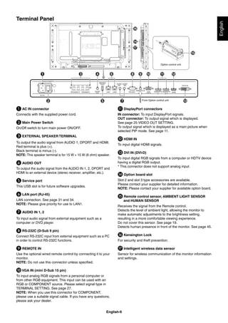 English-9
English
Terminal Panel
Option control unit
From Option control unit
³ AC IN connector
Connects with the supplied power cord.
· Main Power Switch
On/Off switch to turn main power ON/OFF.
» EXTERNAL SPEAKER TERMINAL
To output the audio signal from AUDIO 1, DPORT and HDMI.
Red terminal is plus (+).
Black terminal is minus (-).
NOTE: This speaker terminal is for 15 W + 15 W (8 ohm) speaker.
¿ AUDIO OUT
To output the audio signal from the AUDIO IN 1, 2, DPORT and
HDMI to an external device (stereo receiver, ampliﬁer, etc.).
´ Service port
This USB slot is for future software upgrades.
² LAN port (RJ-45)
LAN connection. See page 31 and 34.
NOTE: Please give priority for use to LAN1.
¶ AUDIO IN 1, 2
To input audio signal from external equipment such as a
computer or DVD player.
ᕨ RS-232C (D-Sub 9 pin)
Connect RS-232C input from external equipment such as a PC
in order to control RS-232C functions.
¾ REMOTE IN
Use the optional wired remote control by connecting it to your
monitor.
NOTE: Do not use this connector unless speciﬁed.
µVGA IN (mini D-Sub 15 pin)
To input analog RGB signals from a personal computer or
from other RGB equipment. This input can be used with an
RGB or COMPONENT source. Please select signal type in
TERMINAL SETTING. See page 27.
NOTE: When you use this connector for COMPONENT,
please use a suitable signal cable. If you have any questions,
please ask your dealer.
¸ DisplayPort connectors
IN connector: To input DisplayPort signals.
OUT connector: To output signal which is displayed.
See page 25 VIDEO OUT SETTING.
To output signal which is displayed as a main picture when
selected PIP mode. See page 11.
¹ HDMI IN
To input digital HDMI signals.
Ƹ DVI IN (DVI-D)
To input digital RGB signals from a computer or HDTV device
having a digital RGB output.
* This connector does not support analog input.
ƹ Option board slot
Slot 2 and slot 3 type accessories are available.
Please contact your supplier for detailed information.
NOTE: Please contact your supplier for available option board.
ƺ Remote control sensor, AMBIENT LIGHT SENSOR
and HUMAN SENSOR
Receives the signal from the Remote control.
Detects the level of ambient light, allowing the monitor to
make automatic adjustments to the brightness setting,
resulting in a more comfortable viewing experience.
Do not cover this sensor. See page 19.
Detects human presence in front of the monitor. See page 45.
ƻ Kensington Lock
For security and theft prevention.
Ƽ Intelligent wireless data sensor
Sensor for wireless communication of the monitor information
and settings.
 