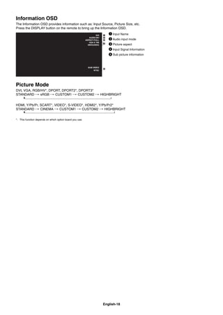 English-18
Information OSD
The Information OSD provides information such as: Input Source, Picture Size, etc.
Press the DISPLAY button on the remote to bring up the Information OSD.
³ Input Name
· Audio input mode
» Picture aspect
¿ Input Signal Information
ᕥ Sub picture information
Picture Mode
DVI, VGA, RGB/HV*, DPORT, DPORT2*, DPORT3*
STANDARD sRGB CUSTOM1 CUSTOM2 HIGHBRIGHT
HDMI, Y/Pb/Pr, SCART*, VIDEO*, S-VIDEO*, HDMI2*, Y/Pb/Pr2*
STANDARD CINEMA CUSTOM1 CUSTOM2 HIGHBRIGHT
*: This function depends on which option board you use.
 