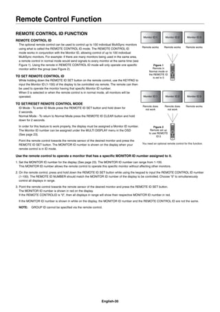 English-30
REMOTE CONTROL ID FUNCTION
REMOTE CONTROL ID
The optional remote control can be used to control up to 100 individual MultiSync monitors
using what is called the REMOTE CONTROL ID mode. The REMOTE CONTROL ID
mode works in conjunction with the Monitor ID, allowing control of up to 100 individual
MultiSync monitors. For example: if there are many monitors being used in the same area,
a remote control in normal mode would send signals to every monitor at the same time (see
Figure 1). Using the remote in REMOTE CONTROL ID mode will only operate one speciﬁc
monitor within the group (see Figure 2).
TO SET REMOTE CONTROL ID
While holding down the REMOTE ID SET button on the remote control, use the KEYPAD to
input the Monitor ID (1-100) of the display to be controlled via remote. The remote can then
be used to operate the monitor having that speciﬁc Monitor ID number.
When 0 is selected or when the remote control is in normal mode, all monitors will be
operated.
TO SET/RESET REMOTE CONTROL MODE
ID Mode - To enter ID Mode press the REMOTE ID SET button and hold down for
2 seconds.
Normal Mode - To return to Normal Mode press the REMOTE ID CLEAR button and hold
down for 2 seconds.
In order for this feature to work properly, the display must be assigned a Monitor ID number.
The Monitor ID number can be assigned under the MULTI DISPLAY menu in the OSD
(See page 23).
Point the remote control towards the remote sensor of the desired monitor and press the
REMOTE ID SET button. The MONITOR ID number is shown on the display when your
remote control is in ID mode.
Use the remote control to operate a monitor that has a speciﬁc MONITOR ID number assigned to it.
1. Set the MONITOR ID number for the display (See page 23). The MONITOR ID number can range from 1-100.
This MONITOR ID number allows the remote control to operate this speciﬁc monitor without affecting other monitors.
2. On the remote control, press and hold down the REMOTE ID SET button while using the keypad to input the REMOTE CONTROL ID number
(1-100). The REMOTE ID NUMBER should match the MONITOR ID number of the display to be controlled. Choose “0” to simultaneously
control all displays in range.
3. Point the remote control towards the remote sensor of the desired monitor and press the REMOTE ID SET button.
The MONITOR ID number is shown in red on the display.
If the REMOTE CONTROLID is “0”, then all displays in range will show their respective MONITOR ID number in red.
If the MONITOR ID number is shown in white on the display, the MONITOR ID number and the REMOTE CONTROL ID are not the same.
NOTE: GROUP ID cannot be speciﬁed via the remote control.
Remote Control Function
Monitor ID:1 Monitor ID:2 Monitor ID:3
Monitor ID:1 Monitor ID:2 Monitor ID:3
Remote does
not work
Remote does
not work
Remote works
Remote works Remote works Remote works
Figure 1
Remote in
Normal mode or
the REMOTE ID
is set to 0
Figure 2
Remote set up
to use REMOTE
ID:3
You need an optional remote control for this function.
 