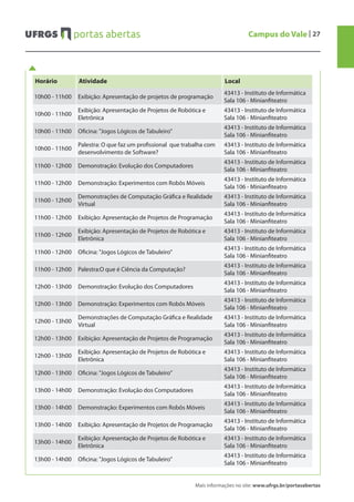 Mais informações no site: www.ufrgs.br/portasabertas
Campus do Vale | 27
Horário Atividade Local
10h00 - 11h00 Exibição: Apresentação de projetos de programação
43413 - Instituto de Informática
Sala 106 - Minianfiteatro
10h00 - 11h00
Exibição: Apresentação de Projetos de Robótica e
Eletrônica
43413 - Instituto de Informática
Sala 106 - Minianfiteatro
10h00 - 11h00 Oficina: "Jogos Lógicos de Tabuleiro"
43413 - Instituto de Informática
Sala 106 - Minianfiteatro
10h00 - 11h00
Palestra: O que faz um profissional que trabalha com
desenvolvimento de Software?
43413 - Instituto de Informática
Sala 106 - Minianfiteatro
11h00 - 12h00 Demonstração: Evolução dos Computadores
43413 - Instituto de Informática
Sala 106 - Minianfiteatro
11h00 - 12h00 Demonstração: Experimentos com Robôs Móveis
43413 - Instituto de Informática
Sala 106 - Minianfiteatro
11h00 - 12h00
Demonstrações de Computação Gráfica e Realidade
Virtual
43413 - Instituto de Informática
Sala 106 - Minianfiteatro
11h00 - 12h00 Exibição: Apresentação de Projetos de Programação
43413 - Instituto de Informática
Sala 106 - Minianfiteatro
11h00 - 12h00
Exibição: Apresentação de Projetos de Robótica e
Eletrônica
43413 - Instituto de Informática
Sala 106 - Minianfiteatro
11h00 - 12h00 Oficina: "Jogos Lógicos de Tabuleiro"
43413 - Instituto de Informática
Sala 106 - Minianfiteatro
11h00 - 12h00 Palestra:O que é Ciência da Computação?
43413 - Instituto de Informática
Sala 106 - Minianfiteatro
12h00 - 13h00 Demonstração: Evolução dos Computadores
43413 - Instituto de Informática
Sala 106 - Minianfiteatro
12h00 - 13h00 Demonstração: Experimentos com Robôs Móveis
43413 - Instituto de Informática
Sala 106 - Minianfiteatro
12h00 - 13h00
Demonstrações de Computação Gráfica e Realidade
Virtual
43413 - Instituto de Informática
Sala 106 - Minianfiteatro
12h00 - 13h00 Exibição: Apresentação de Projetos de Programação
43413 - Instituto de Informática
Sala 106 - Minianfiteatro
12h00 - 13h00
Exibição: Apresentação de Projetos de Robótica e
Eletrônica
43413 - Instituto de Informática
Sala 106 - Minianfiteatro
12h00 - 13h00 Oficina: "Jogos Lógicos de Tabuleiro"
43413 - Instituto de Informática
Sala 106 - Minianfiteatro
13h00 - 14h00 Demonstração: Evolução dos Computadores
43413 - Instituto de Informática
Sala 106 - Minianfiteatro
13h00 - 14h00 Demonstração: Experimentos com Robôs Móveis
43413 - Instituto de Informática
Sala 106 - Minianfiteatro
13h00 - 14h00 Exibição: Apresentação de Projetos de Programação
43413 - Instituto de Informática
Sala 106 - Minianfiteatro
13h00 - 14h00
Exibição: Apresentação de Projetos de Robótica e
Eletrônica
43413 - Instituto de Informática
Sala 106 - Minianfiteatro
13h00 - 14h00 Oficina: "Jogos Lógicos de Tabuleiro"
43413 - Instituto de Informática
Sala 106 - Minianfiteatro
 