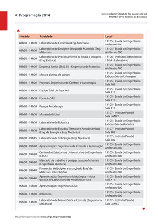 4 | Programação 2014 Universidade Federal do Rio Grande do Sul
PROREXT | Pró-Reitoria de Extensão
Mais informações no site: www.ufrgs.br/portasabertas
Horário Atividade Local
08h30 - 14h00 Laboratório de Cerâmica (Eng. Materiais)
11105 - Escola de Engenharia
Anfiteatro 700
08h30 - 14h00
Laboratório de Design e Seleção de Materiais (Eng.
Materiais)
11105 - Escola de Engenharia
Anfitetaro 600
08h30 - 14h00
Laboratório de Processamento de Sinais e Imagens
(Eng. Elétrica)
11106 - Instituto Eletrotécnico
114 A - Laboratório
08h30 - 14h00 Empresa Junior (EME Jr.) - Engenharia de Materiais
11105 - Escola de Engenharia
Anfiteatro 700
08h30 - 14h00 Mostra diversa de cursos
11105 - Escola de Engenharia
Laboratório de Usinagem
08h30 - 14h00 Projetos: Engenharia de Controle e Automação
11105 - Escola de Engenharia
Sala 701
08h30 - 14h00 Equipe Tchê de Baja SAE
11105 - Escola de Engenharia
Sala 113
08h30 - 14h00 Fórmula SAE
11105 - Escola de Engenharia
Sala 113
08h30 - 14h00 Pampa Aerodesign
11105 - Escola de Engenharia
Sala 113
08h30 - 14h00 Museu do Motor
11107 - Instituto Parobé
Sala LAMED
08h30 - 14h00 Laboratório de Robótica
11105 - Escola de Engenharia
Laboratório de Robótica
08h30 - 14h00
Laboratório de Estudos Térmicos e Aerodinâmicos
(Eng. de Energia e Eng. Mecânica)
11107 - Instituto Parobé
Sala 403
09h00 - 09h15 Laboratório de Tribologia (Eng. Mecânica)
11107 - Instituto Parobé
Sala 302
09h00 - 09h20 Apresentação: Engenharia de Controle e Automação
11105 - Escola de Engenharia
Anfitetaro 600
09h00 - 09h20
Centro dos Estudantes Universitários de Engenharia
(CEUE)
11105 - Escola de Engenharia
Anfiteatro 200
09h00 - 09h30
Mercado de trabalho e perspectivas profissionais
(Engenharia Química)
11105 - Escola de Engenharia
Anfiteatro 400
09h00 - 09h40
Formação, atribuições e atuação do Eng° de
Materiais; Intercâmbio
11105 - Escola de Engenharia
Anfiteatro 700
09h00 - 09h40
Apresentação: Engenharia Metalúrgica - visita
guiada ao Laboratório de Metalurgia Física
11105 - Escola de Engenharia
Sala 411
09h00 - 10h00 Apresentação: Engenharia Civil
11105 - Escola de Engenharia
Anfiteatro 300
09h00 - 12h00 Biblioteca
11105 - Escola de Engenharia
Anfiteatro 200
09h00 - 14h00
Laboratório de Mecatrônica e Controle (Engenharia
Mecânica)
11107 - Instituto Parobé
Sala LAMED
 