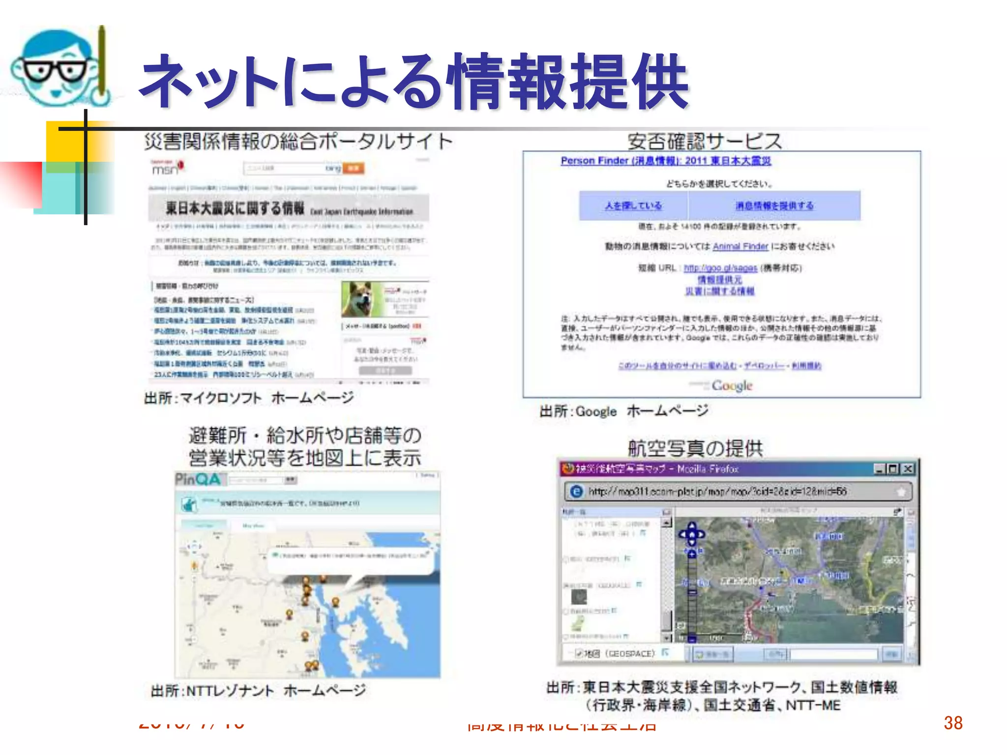 ネットによる情報提供
2015/7/15 高度情報化と社会生活 38
 