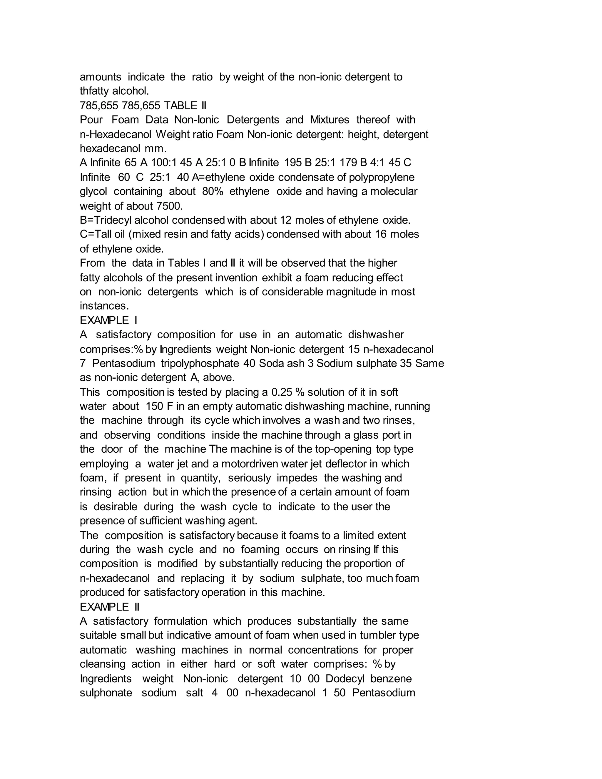 amounts indicate the ratio by weight of the non-ionic detergent to
thfatty alcohol.
785,655 785,655 TABLE II
Pour Foam Data Non-Ionic Detergents and Mixtures thereof with
n-Hexadecanol Weight ratio Foam Non-ionic detergent: height, detergent
hexadecanol mm.
A Infinite 65 A 100:1 45 A 25:1 0 B Infinite 195 B 25:1 179 B 4:1 45 C
Infinite 60 C 25:1 40 A=ethylene oxide condensate of polypropylene
glycol containing about 80% ethylene oxide and having a molecular
weight of about 7500.
B=Tridecyl alcohol condensed with about 12 moles of ethylene oxide.
C=Tall oil (mixed resin and fatty acids) condensed with about 16 moles
of ethylene oxide.
From the data in Tables I and II it will be observed that the higher
fatty alcohols of the present invention exhibit a foam reducing effect
on non-ionic detergents which is of considerable magnitude in most
instances.
EXAMPLE I
A satisfactory composition for use in an automatic dishwasher
comprises:% by Ingredients weight Non-ionic detergent 15 n-hexadecanol
7 Pentasodium tripolyphosphate 40 Soda ash 3 Sodium sulphate 35 Same
as non-ionic detergent A, above.
This composition is tested by placing a 0.25 % solution of it in soft
water about 150 F in an empty automatic dishwashing machine, running
the machine through its cycle which involves a wash and two rinses,
and observing conditions inside the machine through a glass port in
the door of the machine The machine is of the top-opening top type
employing a water jet and a motordriven water jet deflector in which
foam, if present in quantity, seriously impedes the washing and
rinsing action but in which the presence of a certain amount of foam
is desirable during the wash cycle to indicate to the user the
presence of sufficient washing agent.
The composition is satisfactory because it foams to a limited extent
during the wash cycle and no foaming occurs on rinsing If this
composition is modified by substantially reducing the proportion of
n-hexadecanol and replacing it by sodium sulphate, too much foam
produced for satisfactory operation in this machine.
EXAMPLE II
A satisfactory formulation which produces substantially the same
suitable small but indicative amount of foam when used in tumbler type
automatic washing machines in normal concentrations for proper
cleansing action in either hard or soft water comprises: % by
Ingredients weight Non-ionic detergent 10 00 Dodecyl benzene
sulphonate sodium salt 4 00 n-hexadecanol 1 50 Pentasodium
 