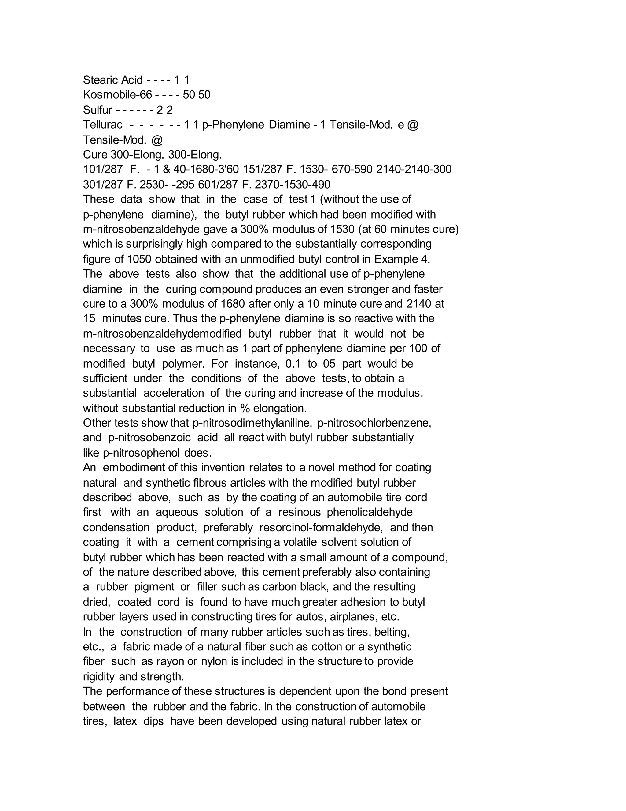 Stearic Acid - - - - 1 1
Kosmobile-66 - - - - 50 50
Sulfur - - - - - - 2 2
Tellurac - - - - - - 1 1 p-Phenylene Diamine - 1 Tensile-Mod. e @
Tensile-Mod. @
Cure 300-Elong. 300-Elong.
101/287 F. - 1 & 40-1680-3'60 151/287 F. 1530- 670-590 2140-2140-300
301/287 F. 2530- -295 601/287 F. 2370-1530-490
These data show that in the case of test 1 (without the use of
p-phenylene diamine), the butyl rubber which had been modified with
m-nitrosobenzaldehyde gave a 300% modulus of 1530 (at 60 minutes cure)
which is surprisingly high compared to the substantially corresponding
figure of 1050 obtained with an unmodified butyl control in Example 4.
The above tests also show that the additional use of p-phenylene
diamine in the curing compound produces an even stronger and faster
cure to a 300% modulus of 1680 after only a 10 minute cure and 2140 at
15 minutes cure. Thus the p-phenylene diamine is so reactive with the
m-nitrosobenzaldehydemodified butyl rubber that it would not be
necessary to use as much as 1 part of pphenylene diamine per 100 of
modified butyl polymer. For instance, 0.1 to 05 part would be
sufficient under the conditions of the above tests, to obtain a
substantial acceleration of the curing and increase of the modulus,
without substantial reduction in % elongation.
Other tests show that p-nitrosodimethylaniline, p-nitrosochlorbenzene,
and p-nitrosobenzoic acid all react with butyl rubber substantially
like p-nitrosophenol does.
An embodiment of this invention relates to a novel method for coating
natural and synthetic fibrous articles with the modified butyl rubber
described above, such as by the coating of an automobile tire cord
first with an aqueous solution of a resinous phenolicaldehyde
condensation product, preferably resorcinol-formaldehyde, and then
coating it with a cement comprising a volatile solvent solution of
butyl rubber which has been reacted with a small amount of a compound,
of the nature described above, this cement preferably also containing
a rubber pigment or filler such as carbon black, and the resulting
dried, coated cord is found to have much greater adhesion to butyl
rubber layers used in constructing tires for autos, airplanes, etc.
In the construction of many rubber articles such as tires, belting,
etc., a fabric made of a natural fiber such as cotton or a synthetic
fiber such as rayon or nylon is included in the structure to provide
rigidity and strength.
The performance of these structures is dependent upon the bond present
between the rubber and the fabric. In the construction of automobile
tires, latex dips have been developed using natural rubber latex or
 
