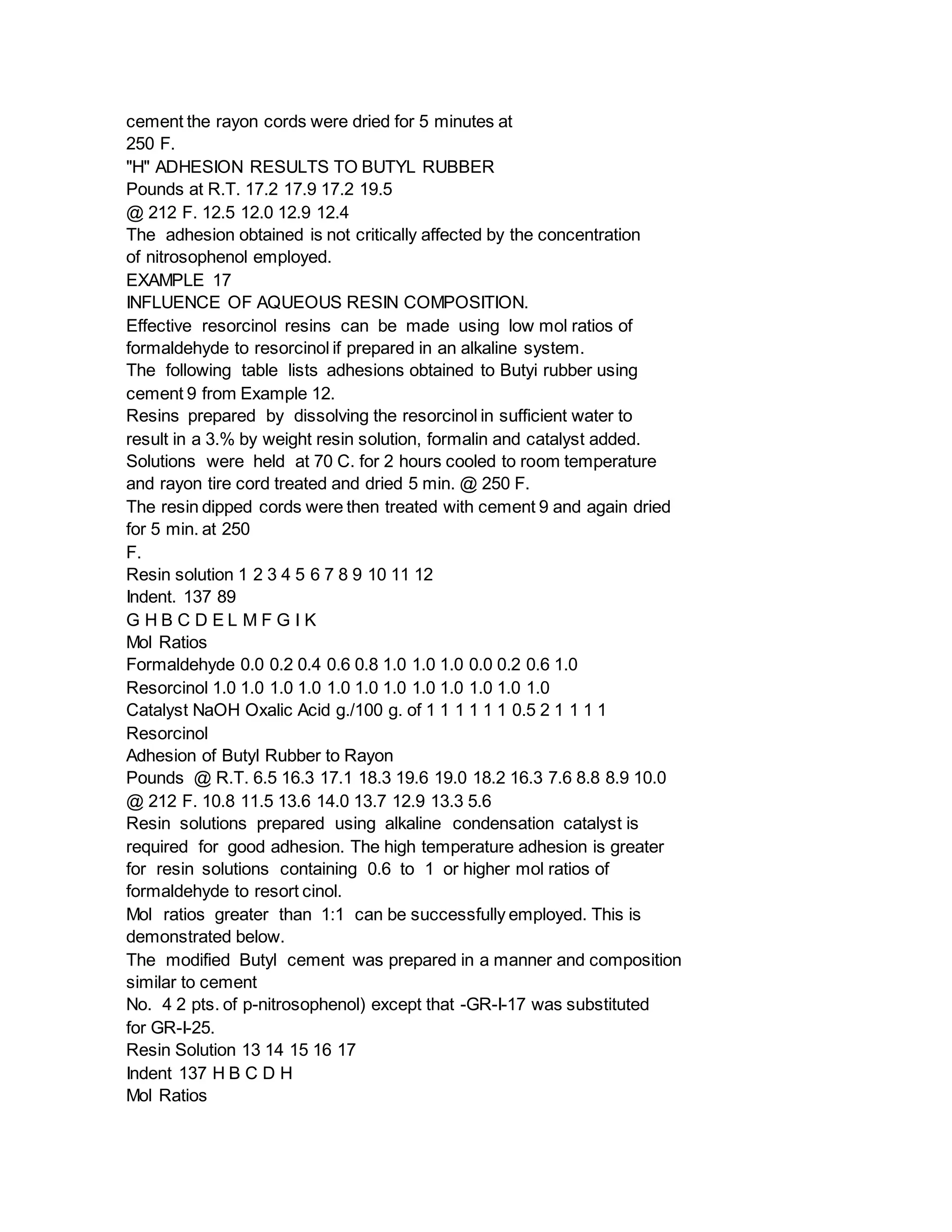 cement the rayon cords were dried for 5 minutes at
250 F.
"H" ADHESION RESULTS TO BUTYL RUBBER
Pounds at R.T. 17.2 17.9 17.2 19.5
@ 212 F. 12.5 12.0 12.9 12.4
The adhesion obtained is not critically affected by the concentration
of nitrosophenol employed.
EXAMPLE 17
INFLUENCE OF AQUEOUS RESIN COMPOSITION.
Effective resorcinol resins can be made using low mol ratios of
formaldehyde to resorcinol if prepared in an alkaline system.
The following table lists adhesions obtained to Butyi rubber using
cement 9 from Example 12.
Resins prepared by dissolving the resorcinol in sufficient water to
result in a 3.% by weight resin solution, formalin and catalyst added.
Solutions were held at 70 C. for 2 hours cooled to room temperature
and rayon tire cord treated and dried 5 min. @ 250 F.
The resin dipped cords were then treated with cement 9 and again dried
for 5 min. at 250
F.
Resin solution 1 2 3 4 5 6 7 8 9 10 11 12
Indent. 137 89
G H B C D E L M F G I K
Mol Ratios
Formaldehyde 0.0 0.2 0.4 0.6 0.8 1.0 1.0 1.0 0.0 0.2 0.6 1.0
Resorcinol 1.0 1.0 1.0 1.0 1.0 1.0 1.0 1.0 1.0 1.0 1.0 1.0
Catalyst NaOH Oxalic Acid g./100 g. of 1 1 1 1 1 1 0.5 2 1 1 1 1
Resorcinol
Adhesion of Butyl Rubber to Rayon
Pounds @ R.T. 6.5 16.3 17.1 18.3 19.6 19.0 18.2 16.3 7.6 8.8 8.9 10.0
@ 212 F. 10.8 11.5 13.6 14.0 13.7 12.9 13.3 5.6
Resin solutions prepared using alkaline condensation catalyst is
required for good adhesion. The high temperature adhesion is greater
for resin solutions containing 0.6 to 1 or higher mol ratios of
formaldehyde to resort cinol.
Mol ratios greater than 1:1 can be successfully employed. This is
demonstrated below.
The modified Butyl cement was prepared in a manner and composition
similar to cement
No. 4 2 pts. of p-nitrosophenol) except that -GR-I-17 was substituted
for GR-I-25.
Resin Solution 13 14 15 16 17
Indent 137 H B C D H
Mol Ratios
 